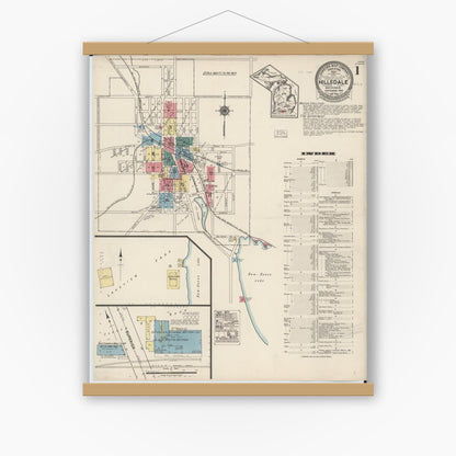 Old map wall art mockup — magnetic wood frame on white wall — Sanborn Fire Insurance Map from Hillsdale, Hillsdale County, Michigan (1922) - Complete Map Set