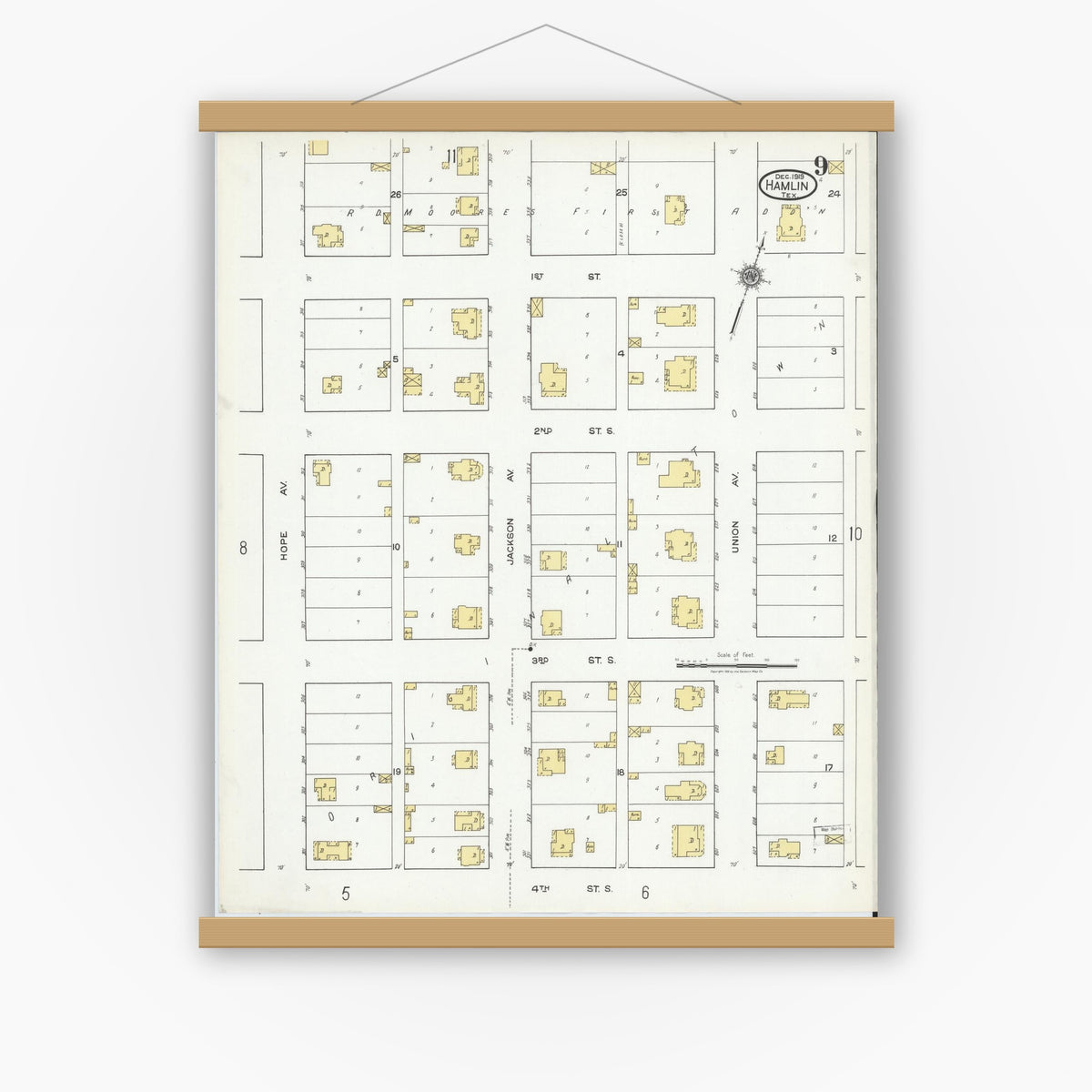 Old map wall art mockup — magnetic wood frame on white wall — Sanborn Fire Insurance Map from Hamlin, Jones County, Texas (1919), Sheet #0009