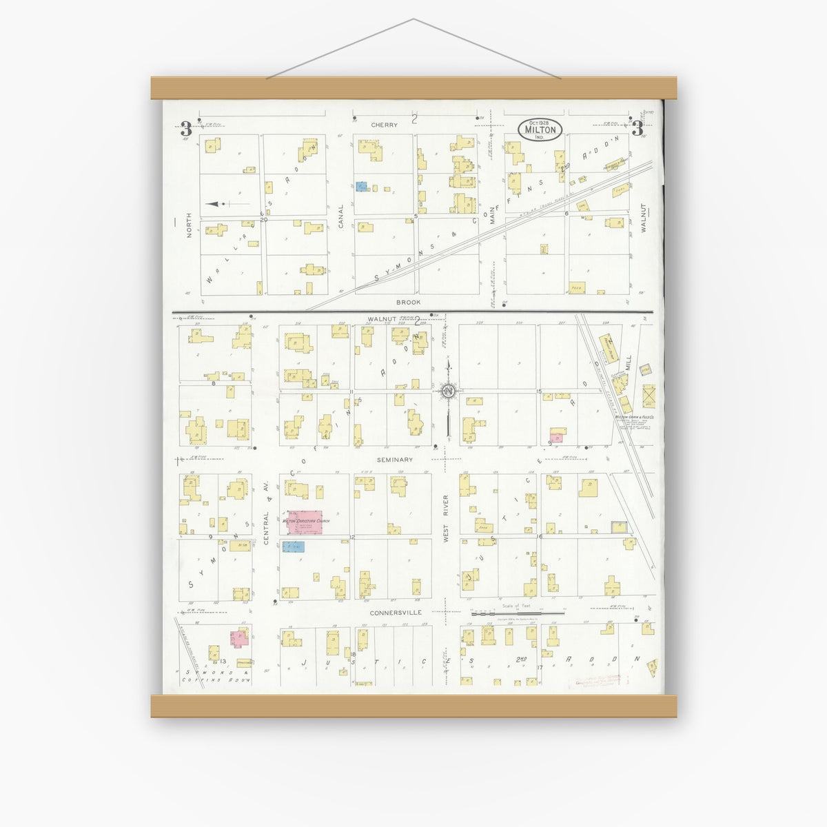 Old map wall art mockup — magnetic wood frame on white wall — Sanborn Fire Insurance Map from Milton, Wayne County, Indiana (1928), Sheet #0003