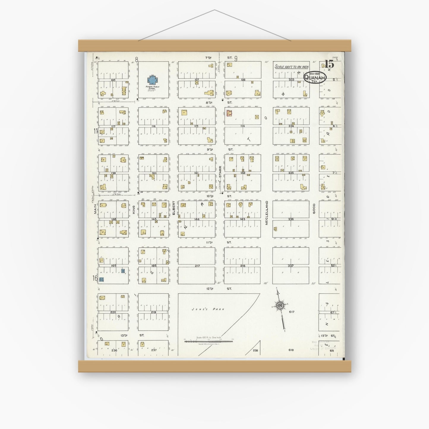 Old map wall art mockup — magnetic wood frame on white wall — Sanborn Fire Insurance Map from Quanah, Hardeman County, Texas (1921), Sheet #0015
