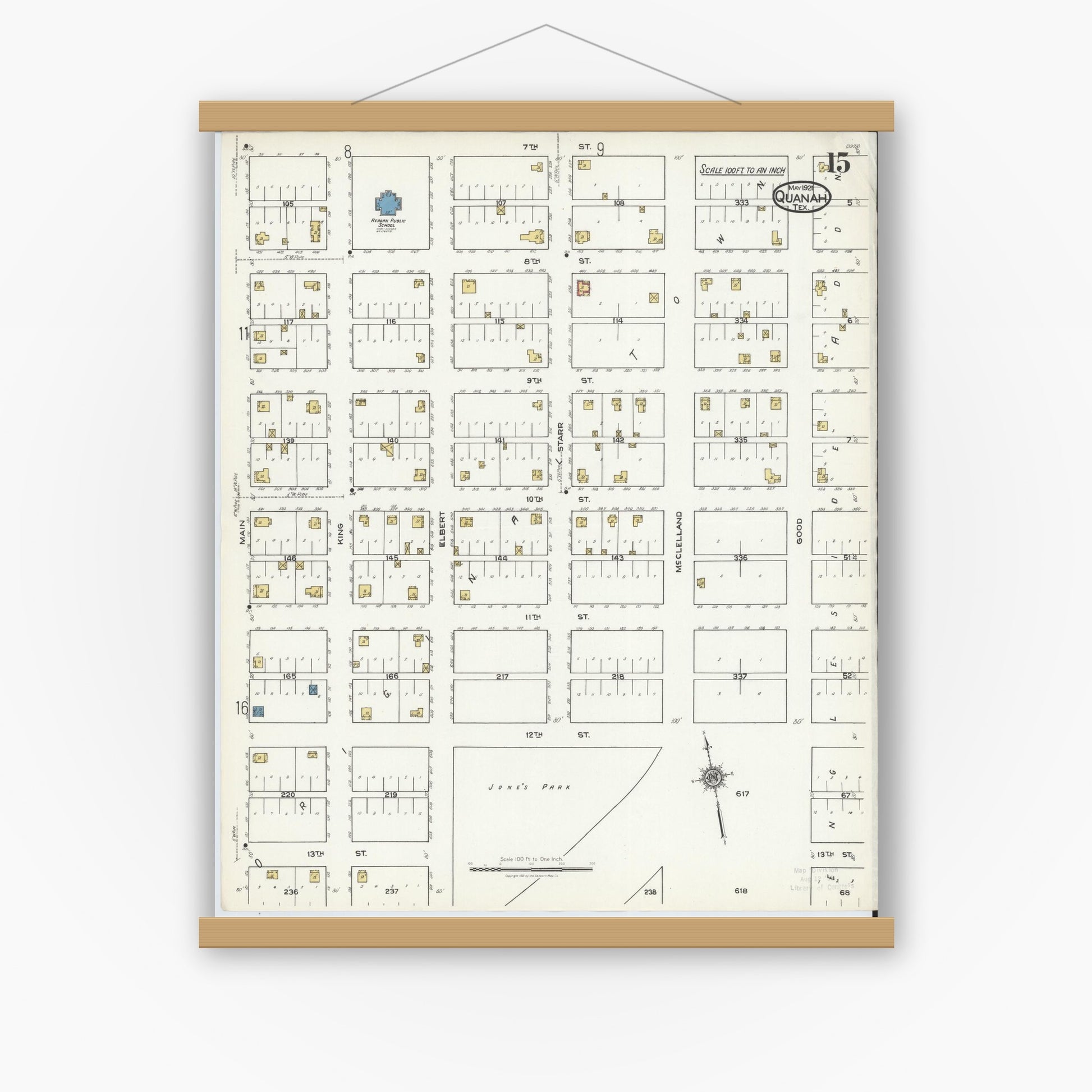 Old map wall art mockup — magnetic wood frame on white wall — Sanborn Fire Insurance Map from Quanah, Hardeman County, Texas (1921), Sheet #0015
