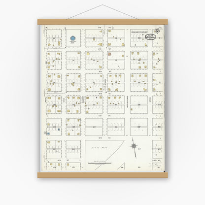 Old map wall art mockup — magnetic wood frame on white wall — Sanborn Fire Insurance Map from Quanah, Hardeman County, Texas (1921), Sheet #0015