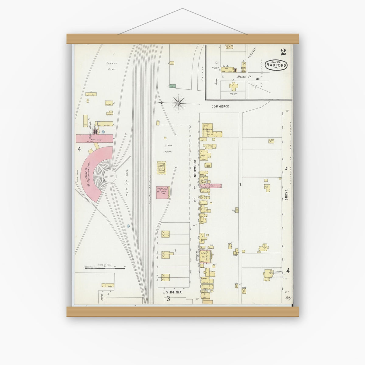 Old map wall art mockup — magnetic wood frame on white wall — Sanborn Fire Insurance Map from Radford, Independent Cities, Virginia (1896), Sheet #0002