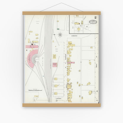 Old map wall art mockup — magnetic wood frame on white wall — Sanborn Fire Insurance Map from Radford, Independent Cities, Virginia (1896), Sheet #0002