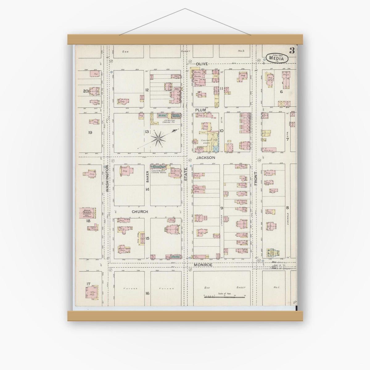 Old map wall art mockup — magnetic wood frame on white wall — Sanborn Fire Insurance Map from Media, Delaware County, Pennsylvania (1887), Sheet #0003