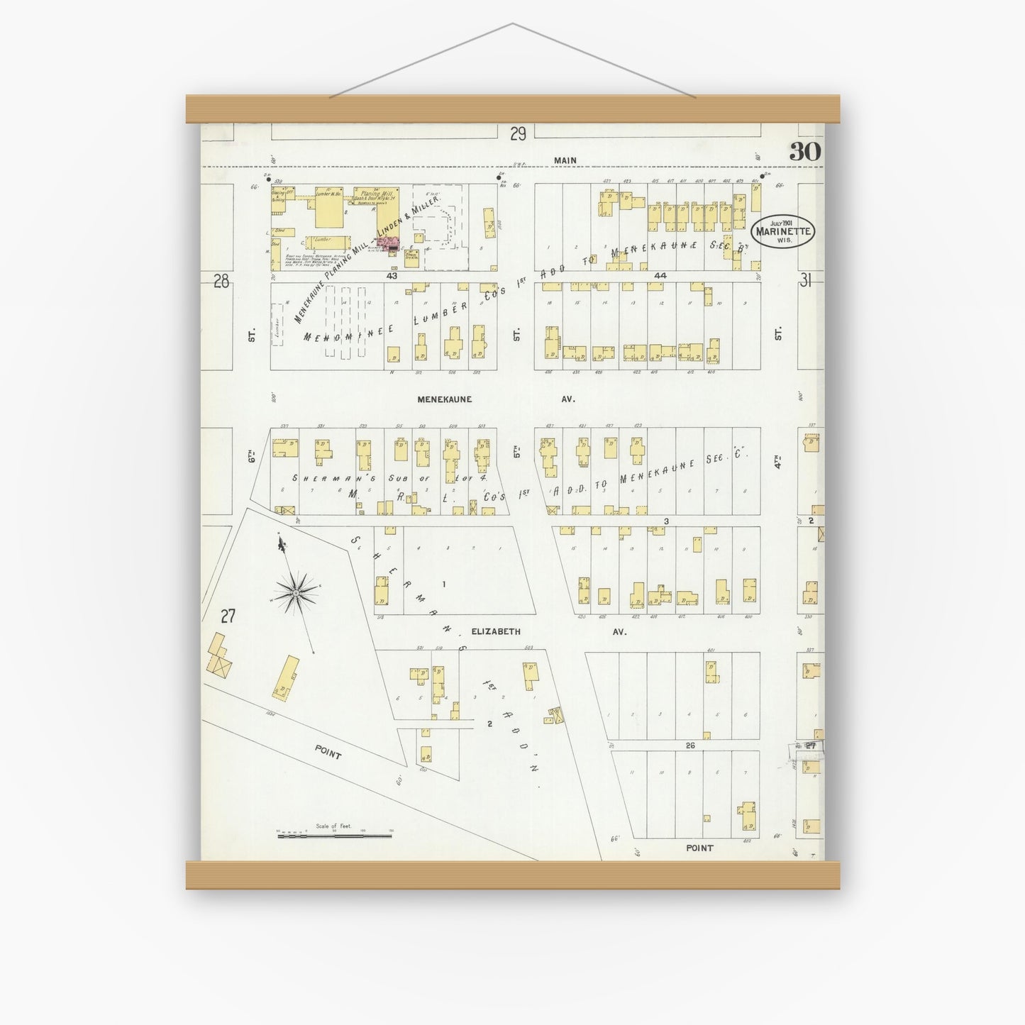 Old map wall art mockup — magnetic wood frame on white wall — Sanborn Fire Insurance Map from Marinette, Marinette County, Wisconsin (1901), Sheet #0030