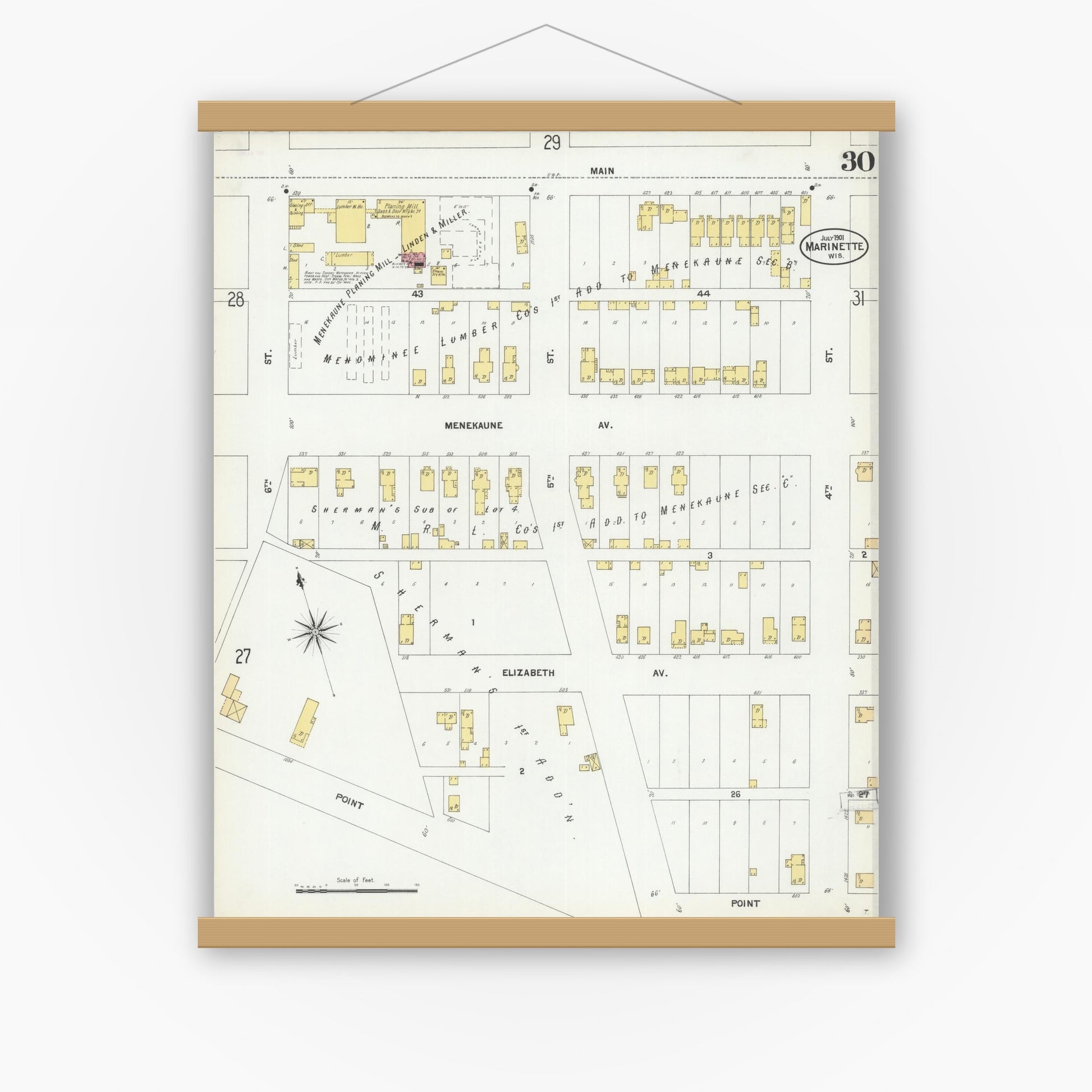Old map wall art mockup — magnetic wood frame on white wall — Sanborn Fire Insurance Map from Marinette, Marinette County, Wisconsin (1901), Sheet #0030