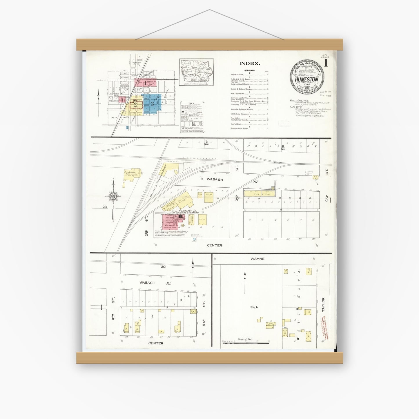 Old map wall art mockup — magnetic wood frame on white wall — Sanborn Fire Insurance Map from Humeston, Wayne County, Iowa (1913), Sheet #0001