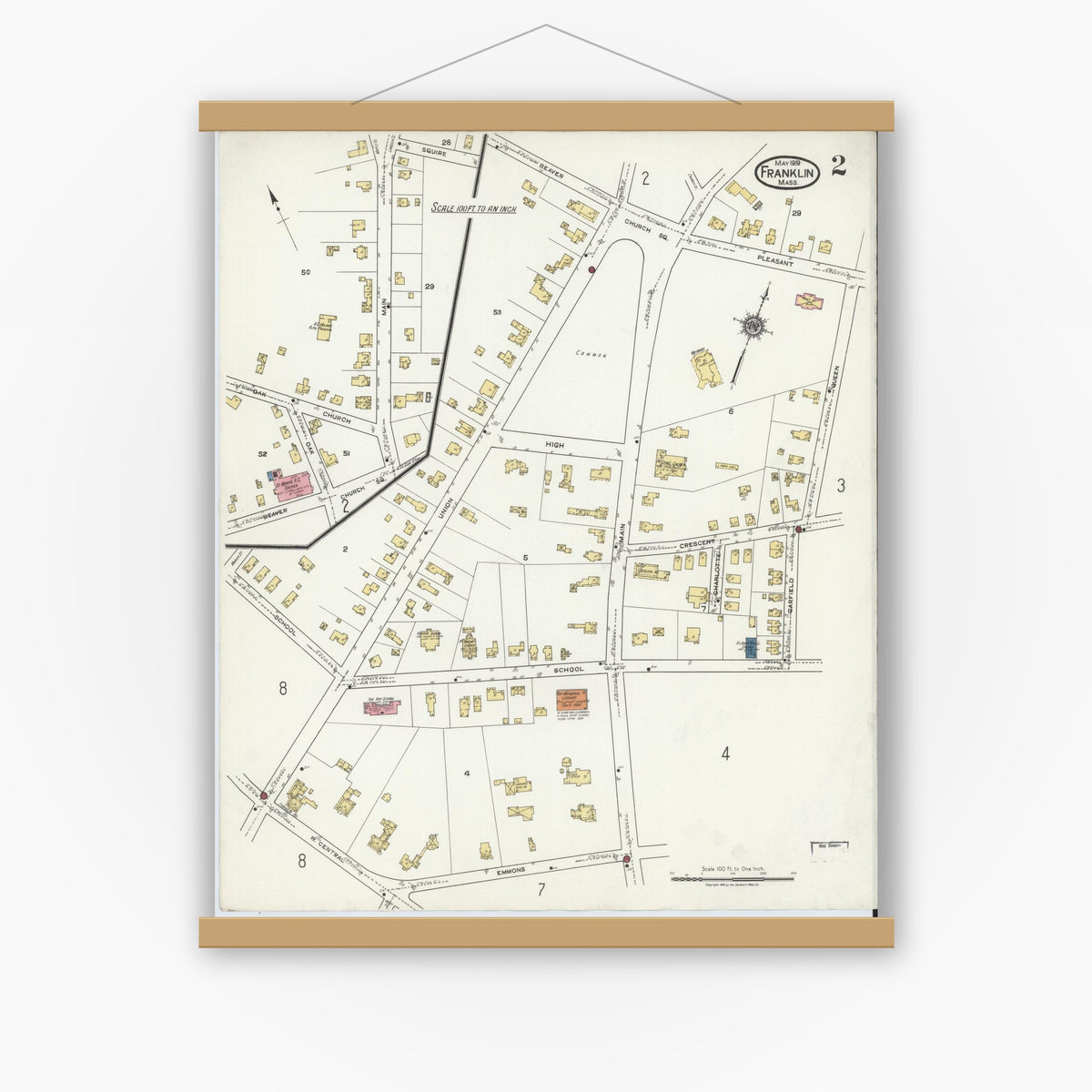 Old map wall art mockup — magnetic wood frame on white wall — Sanborn Fire Insurance Map from Franklin, Norfolk County, Massachusetts (1919), Sheet #0002