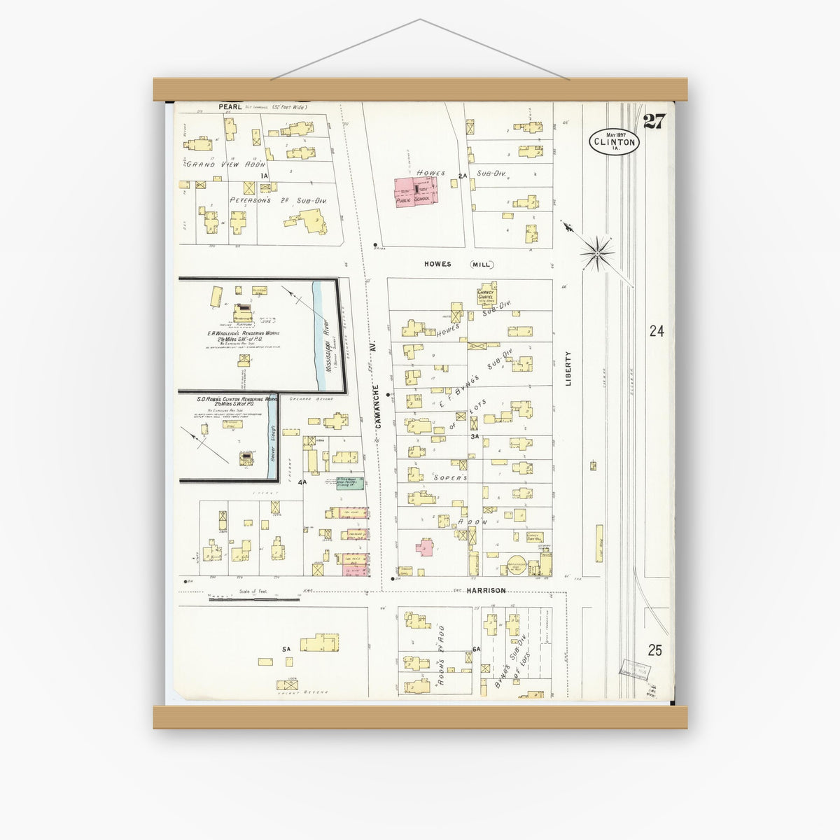 Old map wall art mockup — magnetic wood frame on white wall — Sanborn Fire Insurance Map from Clinton, Clinton County, Iowa (1897), Sheet #0027