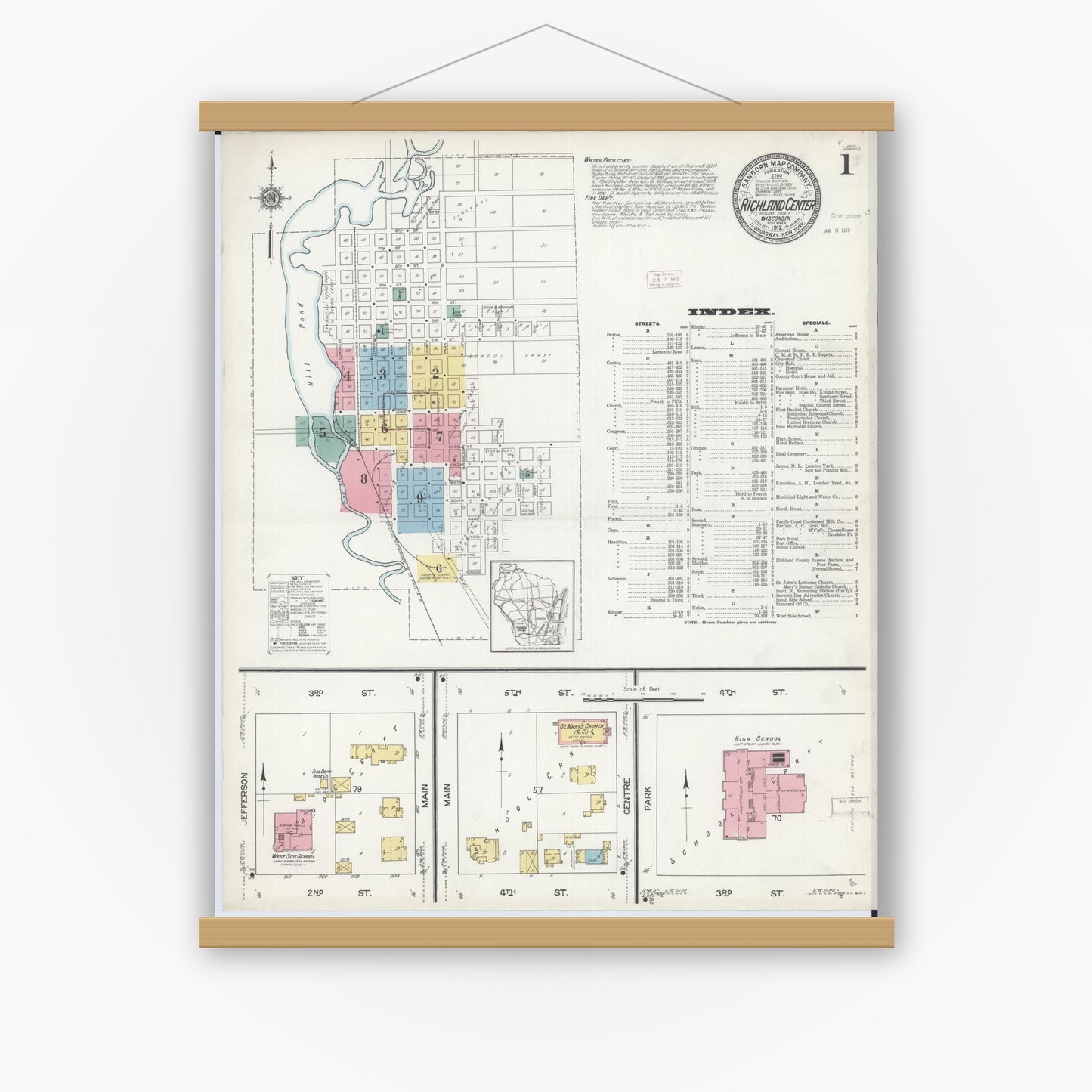 Old map wall art mockup — magnetic wood frame on white wall — Sanborn Fire Insurance Map from Richland Center, Richland County, Wisconsin (1912) - Complete Map Set