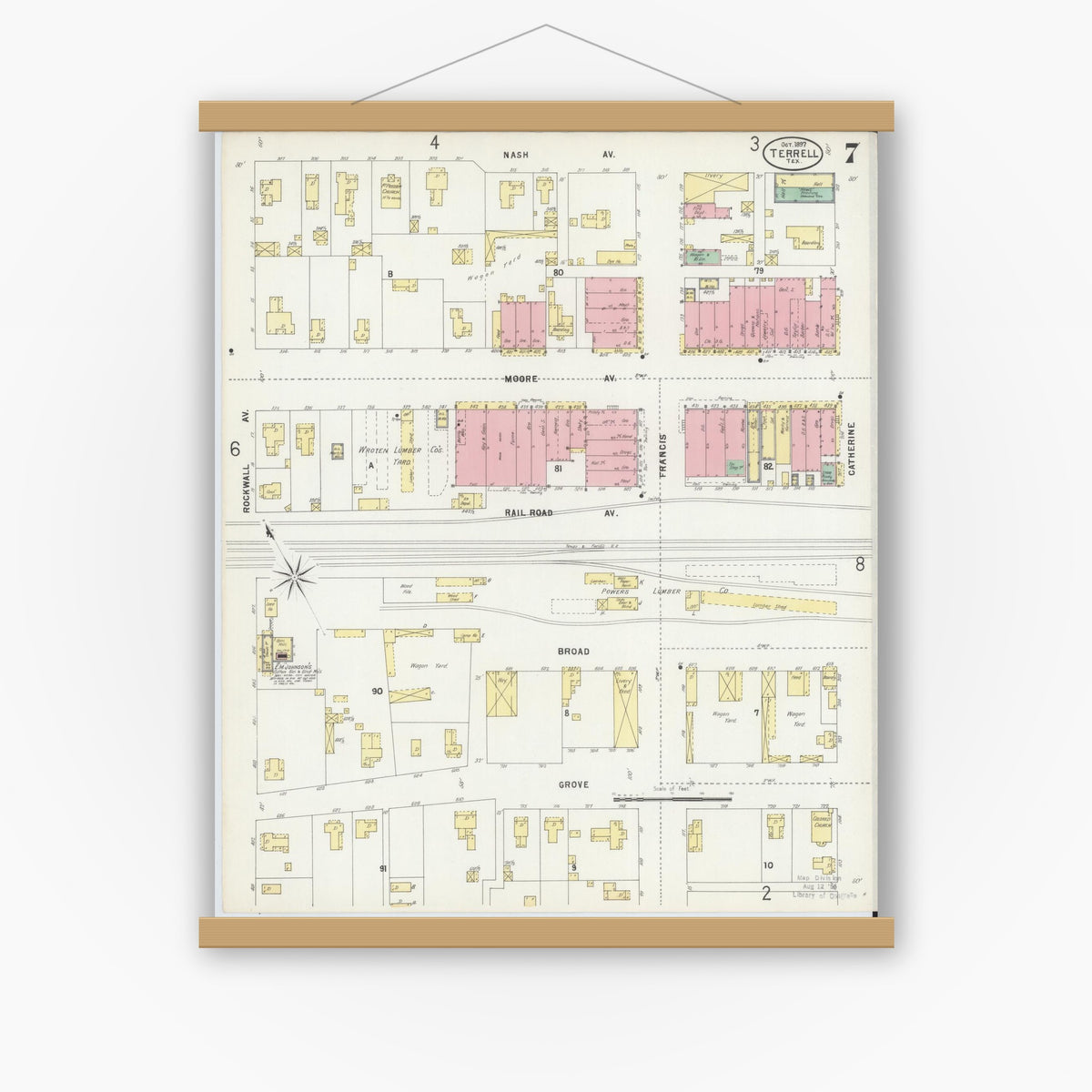 Old map wall art mockup — magnetic wood frame on white wall — Sanborn Fire Insurance Map from Terrell, Kaufman County, Texas (1897), Sheet #0007