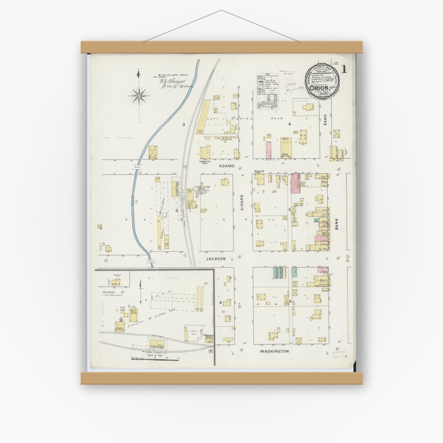 Old map wall art mockup — magnetic wood frame on white wall — Sanborn Fire Insurance Map from Orion, Henry County, Illinois (1894), Sheet #0001