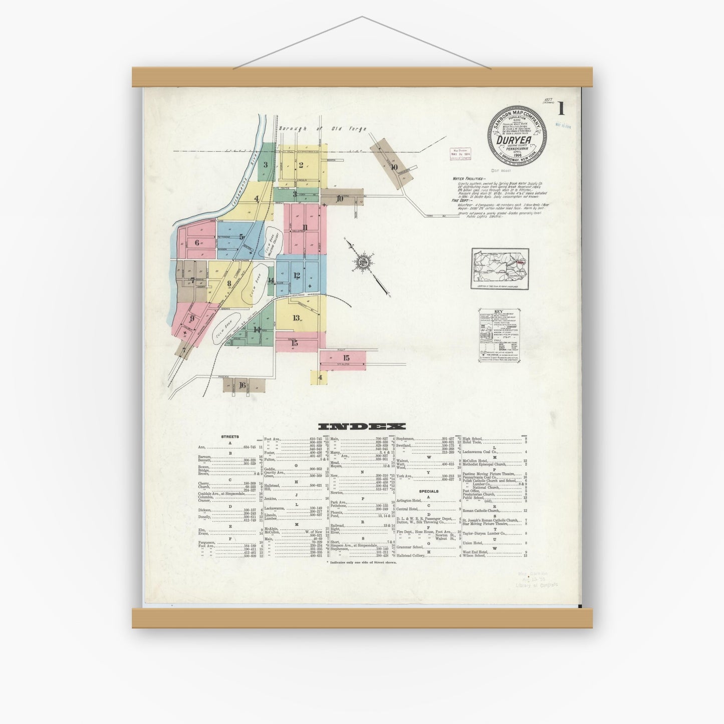 Old map wall art mockup — magnetic wood frame on white wall — Sanborn Fire Insurance Map from Duryea, Luzerne County, Pennsylvania (1914), Sheet #0001