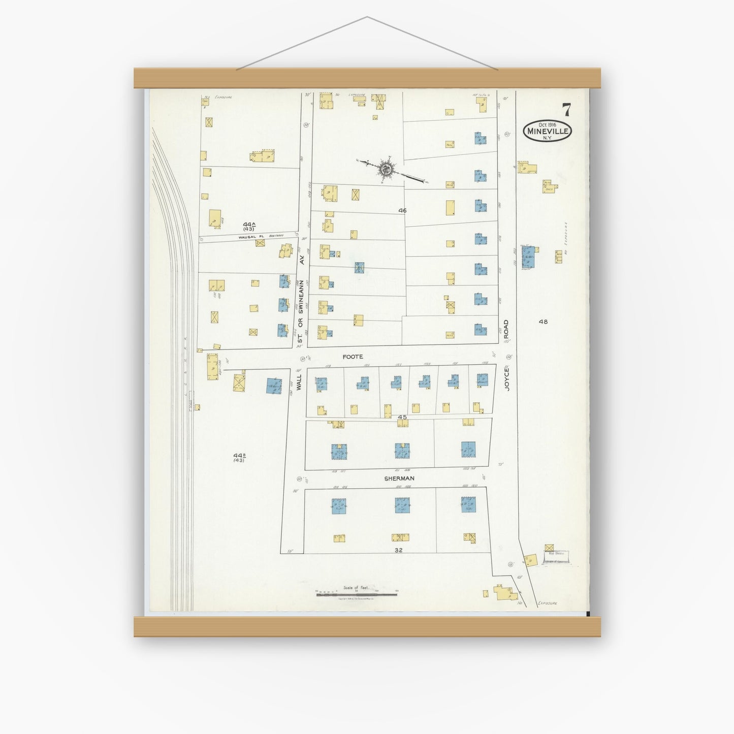 Old map wall art mockup — magnetic wood frame on white wall — Sanborn Fire Insurance Map from Mineville, Essex County, New York (1916), Sheet #0007