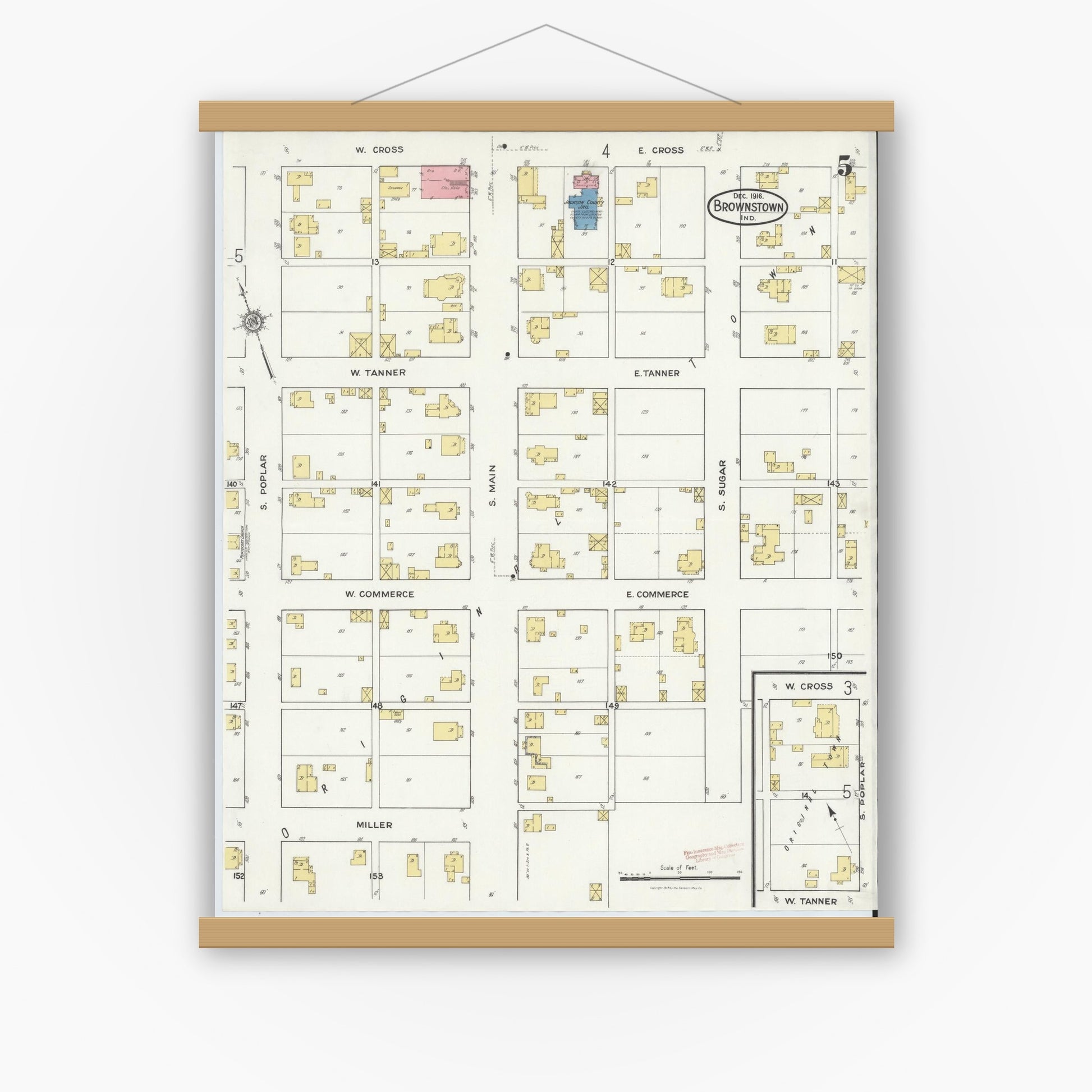 Old map wall art mockup — magnetic wood frame on white wall — Sanborn Fire Insurance Map from Brownstown, Jackson County, Indiana (1916), Sheet #0005