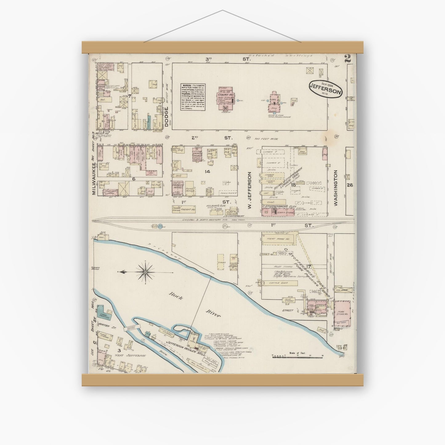 Old map wall art mockup — magnetic wood frame on white wall — Sanborn Fire Insurance Map from Jefferson, Jefferson County, Wisconsin (1884), Sheet #0002