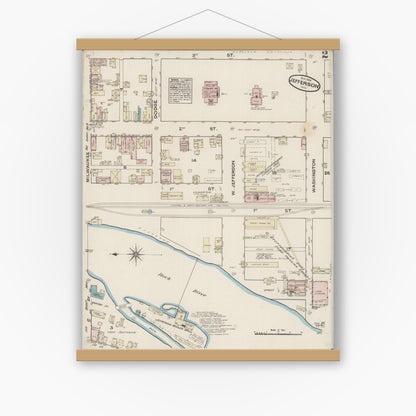 Old map wall art mockup — magnetic wood frame on white wall — Sanborn Fire Insurance Map from Jefferson, Jefferson County, Wisconsin (1884), Sheet #0002