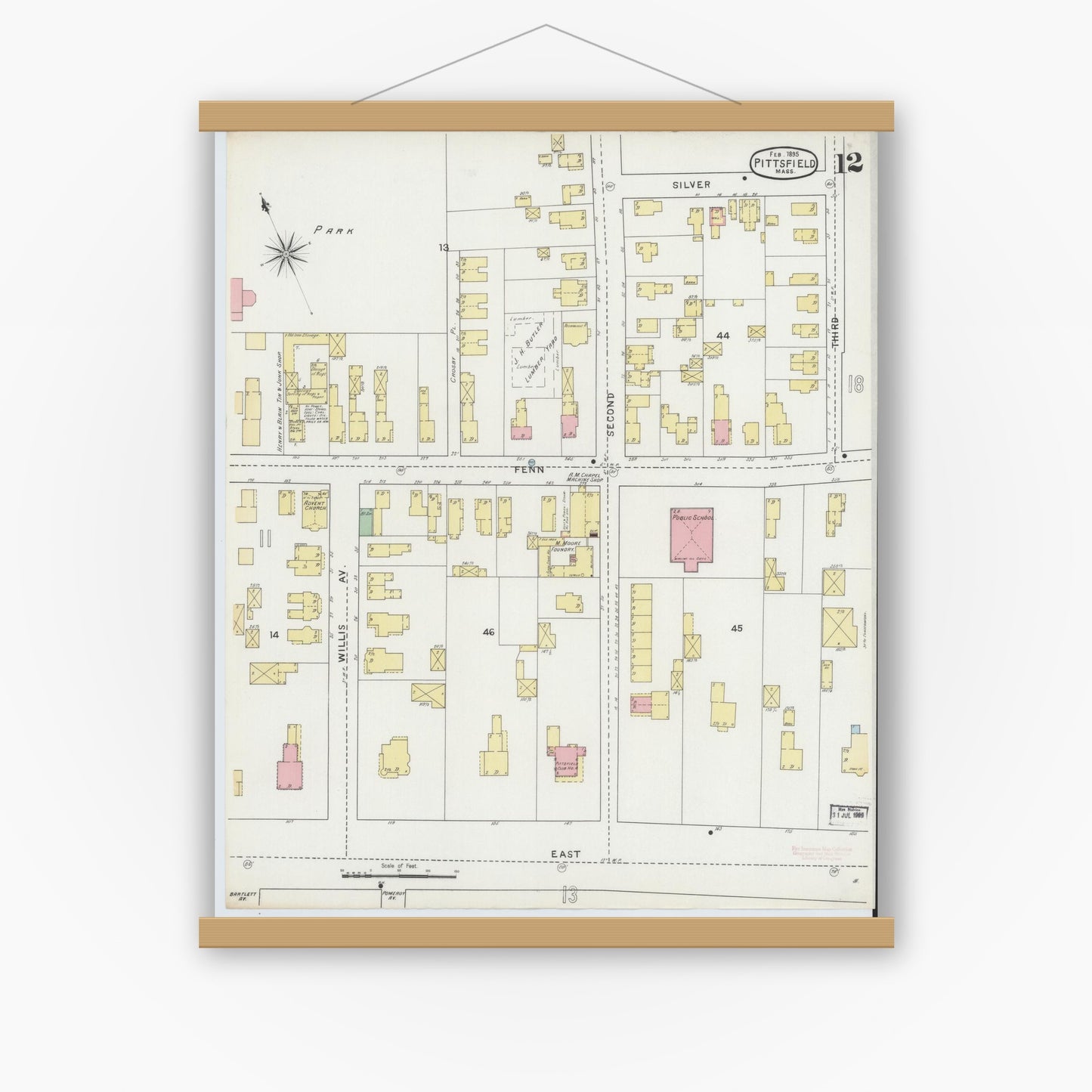 Old map wall art mockup — magnetic wood frame on white wall — Sanborn Fire Insurance Map from Pittsfield, Berkshire County, Massachusetts (1895), Sheet #0012