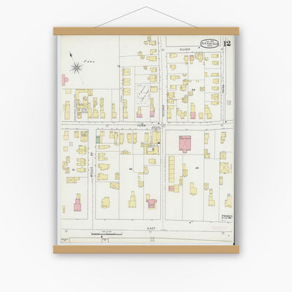 Old map wall art mockup — magnetic wood frame on white wall — Sanborn Fire Insurance Map from Pittsfield, Berkshire County, Massachusetts (1895), Sheet #0012
