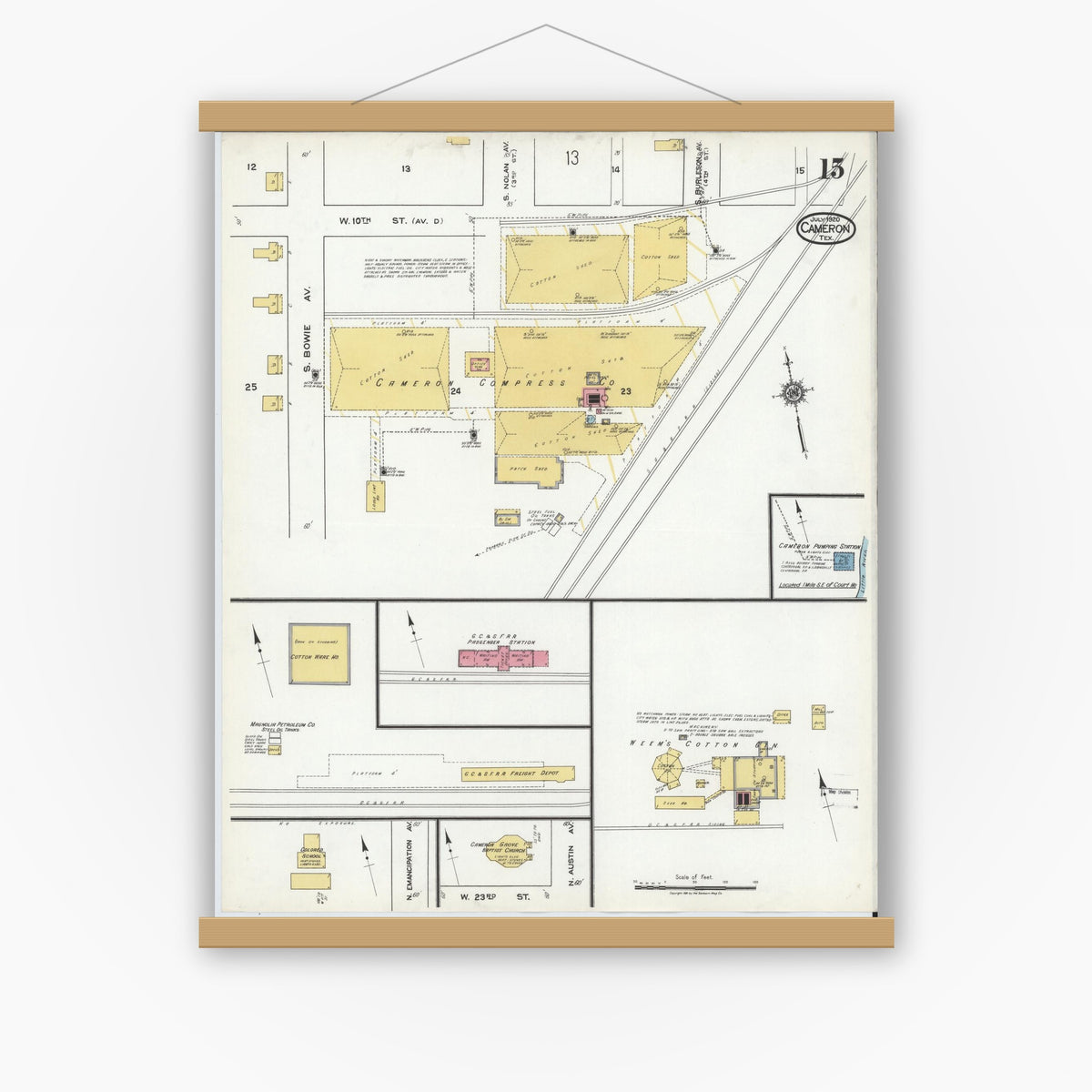 Old map wall art mockup — magnetic wood frame on white wall — Sanborn Fire Insurance Map from Cameron, Milam County, Texas (1920), Sheet #0015