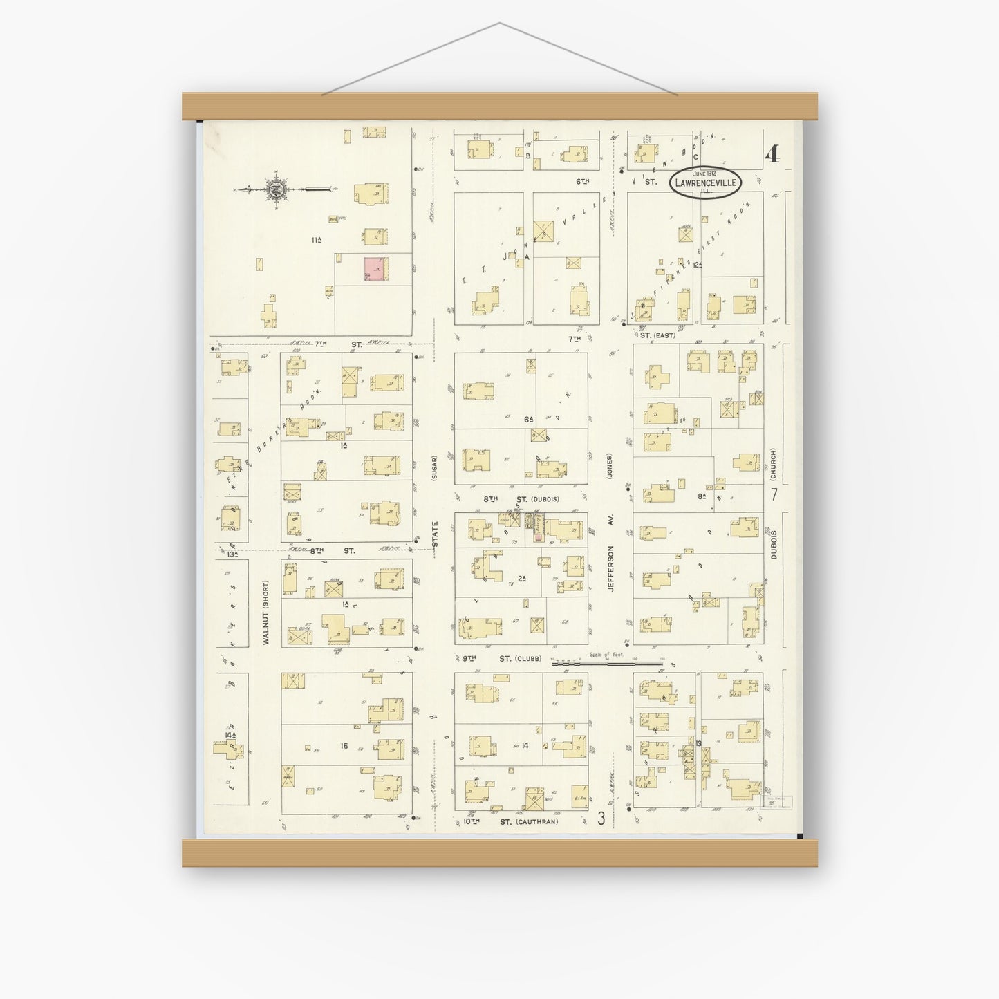 Old map wall art mockup — magnetic wood frame on white wall — Sanborn Fire Insurance Map from Lawrenceville, Lawrence County, Illinois (1912), Sheet #0004