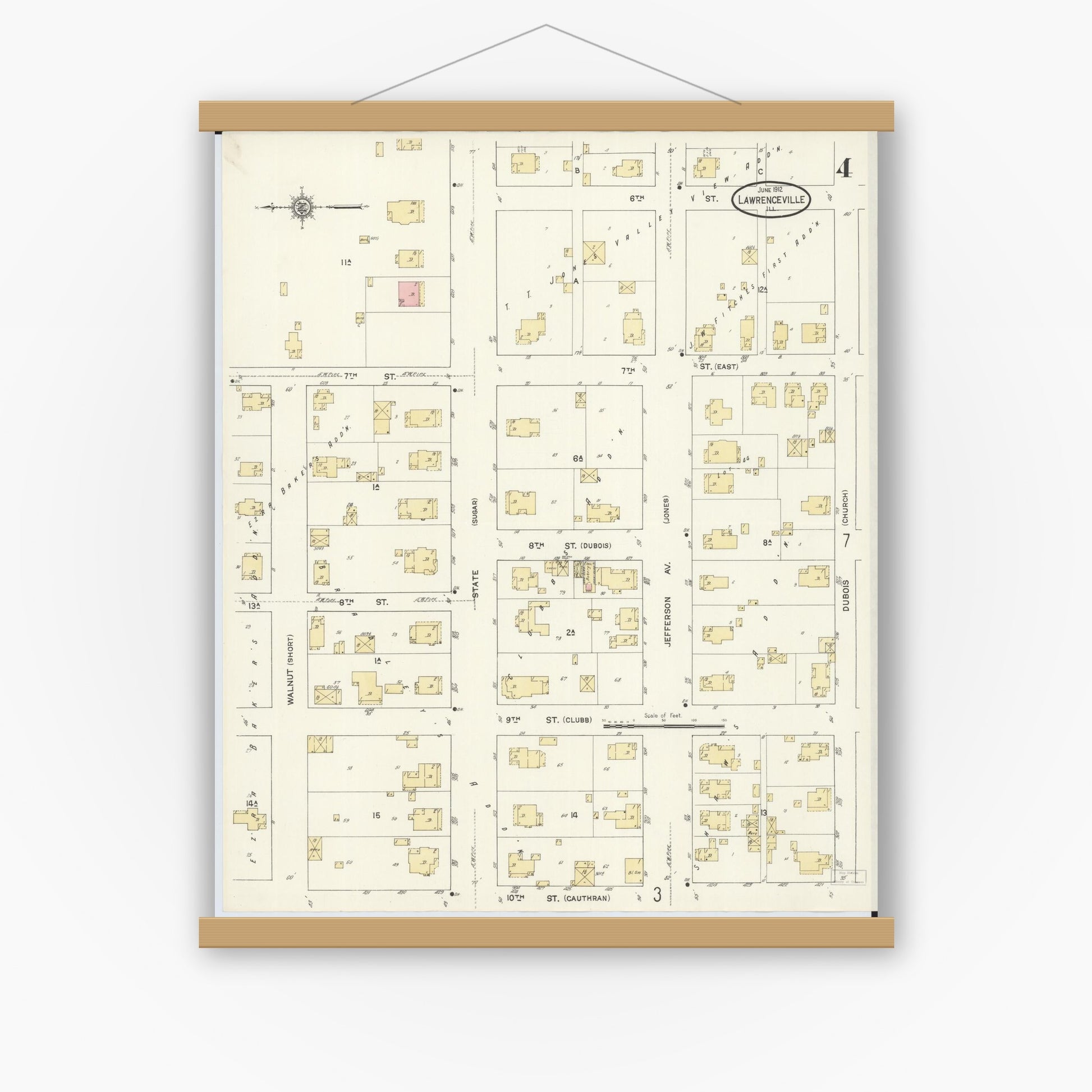 Old map wall art mockup — magnetic wood frame on white wall — Sanborn Fire Insurance Map from Lawrenceville, Lawrence County, Illinois (1912), Sheet #0004