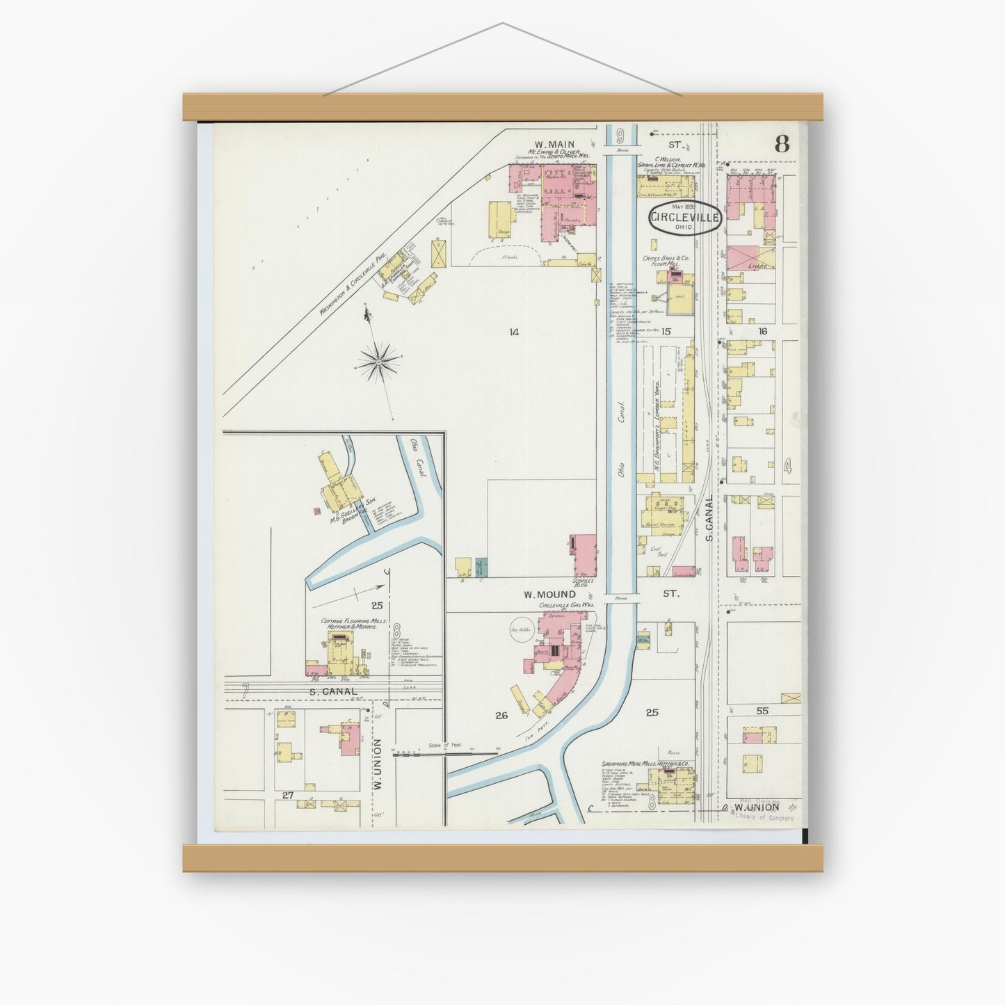 Old map wall art mockup — magnetic wood frame on white wall — Sanborn Fire Insurance Map from Circleville, Pickaway County, Ohio (1893), Sheet #0008