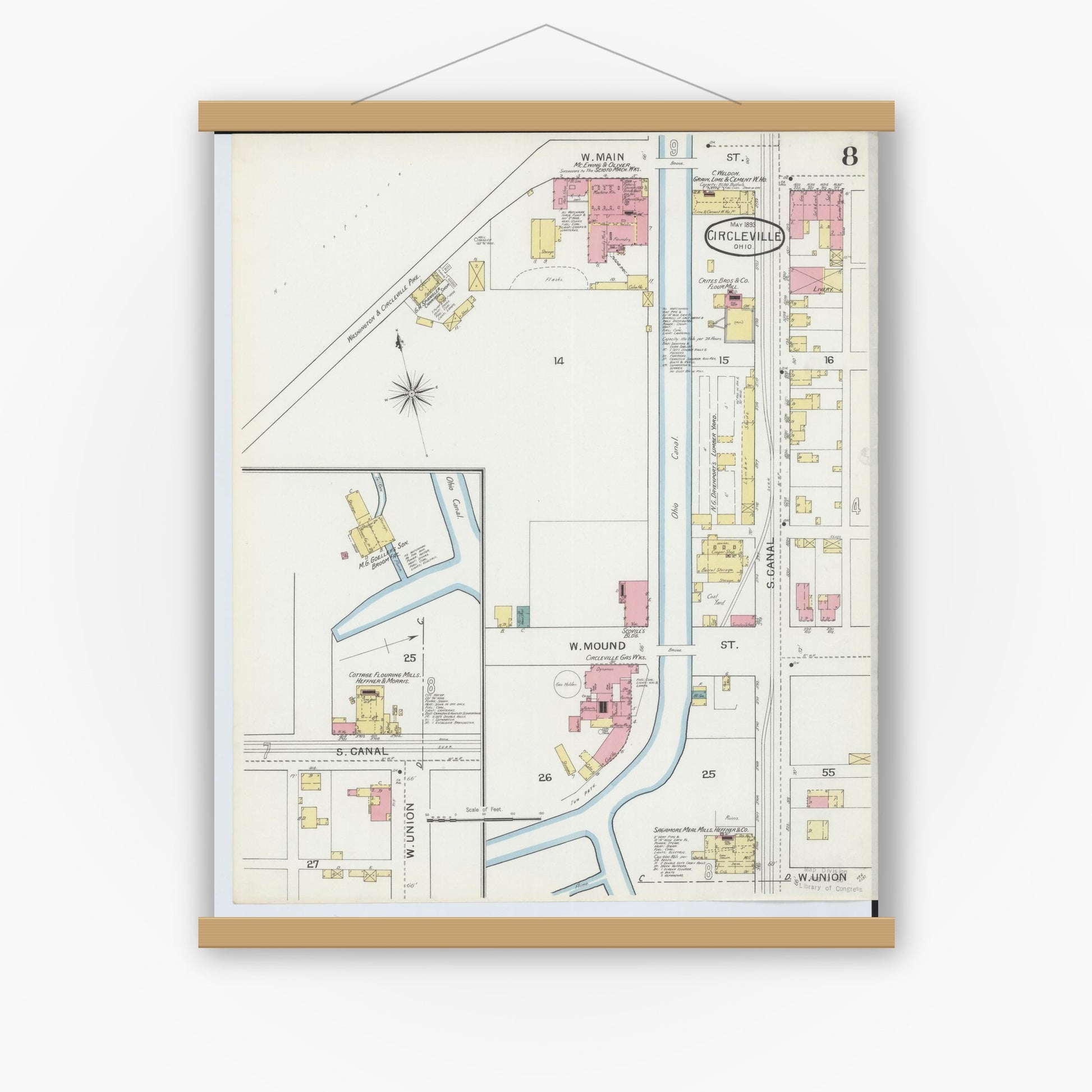 Old map wall art mockup — magnetic wood frame on white wall — Sanborn Fire Insurance Map from Circleville, Pickaway County, Ohio (1893), Sheet #0008