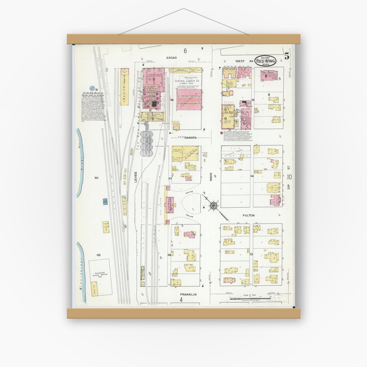Old map wall art mockup — magnetic wood frame on white wall — Sanborn Fire Insurance Map from Red Wing, Goodhue County, Minnesota (1917), Sheet #0005