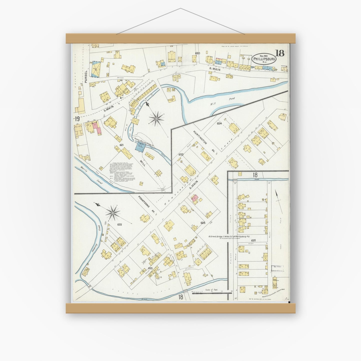 Old map wall art mockup — magnetic wood frame on white wall — Sanborn Fire Insurance Map from Phillipsburg, Warren County, New Jersey (1903), Sheet #0018