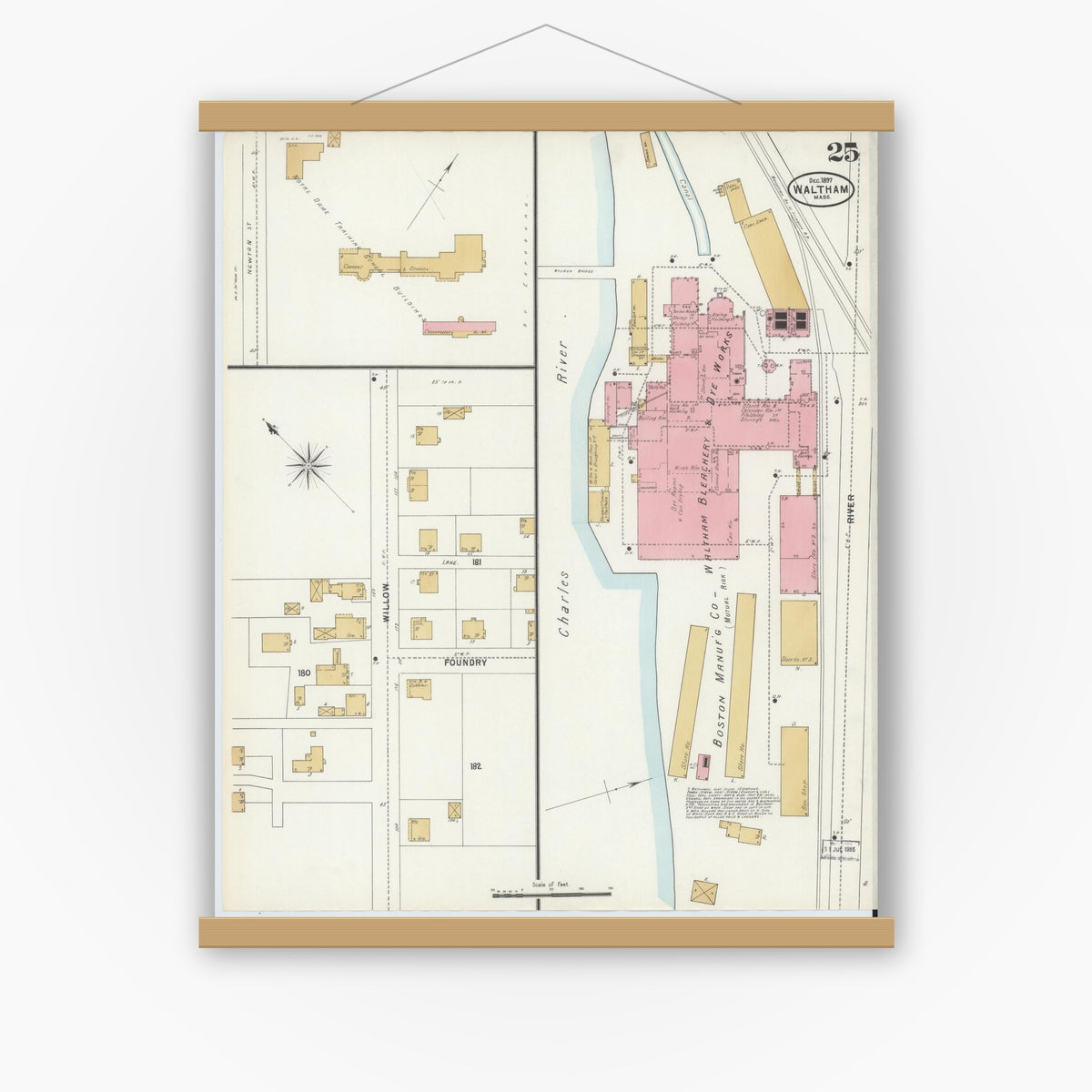 Old map wall art mockup — magnetic wood frame on white wall — Sanborn Fire Insurance Map from Waltham, Middlesex County, Massachusetts (1897), Sheet #0025