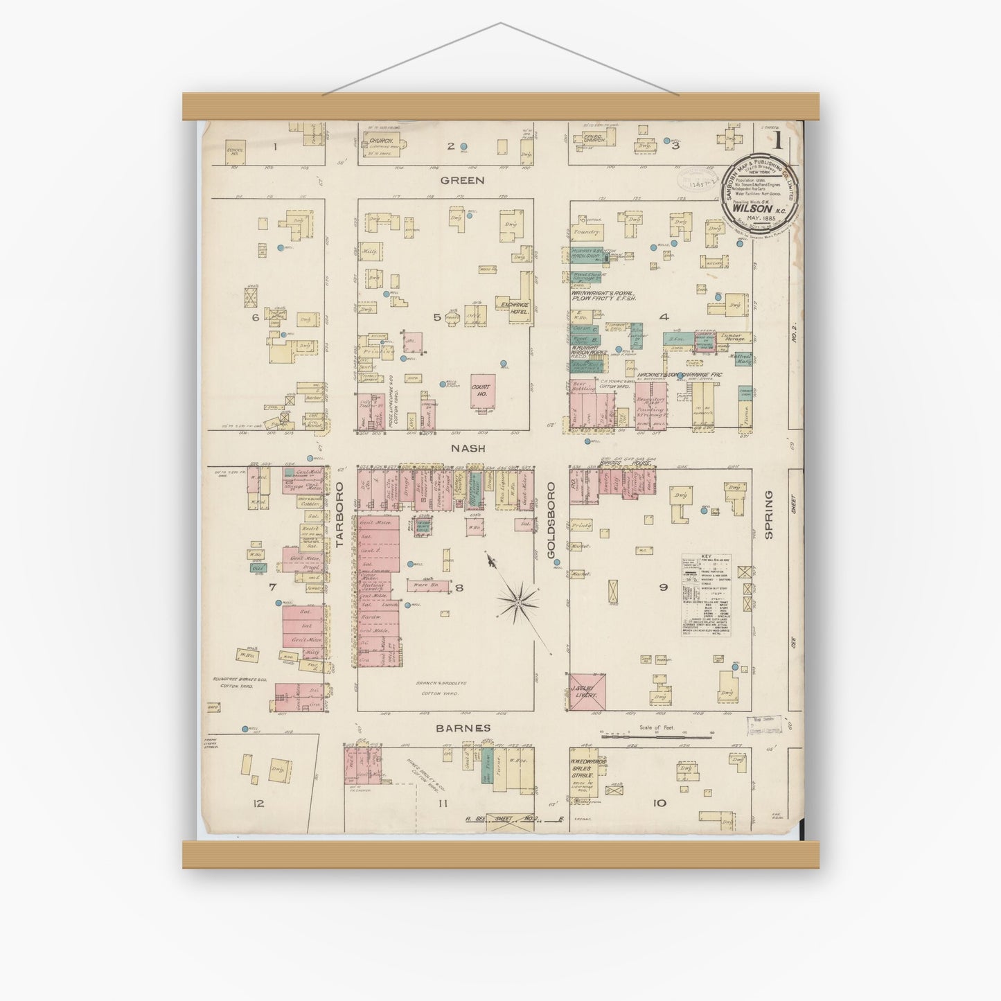 Old map wall art mockup — magnetic wood frame on white wall — Sanborn Fire Insurance Map from Wilson, Wilson County, North Carolina (1885) - Complete Map Set