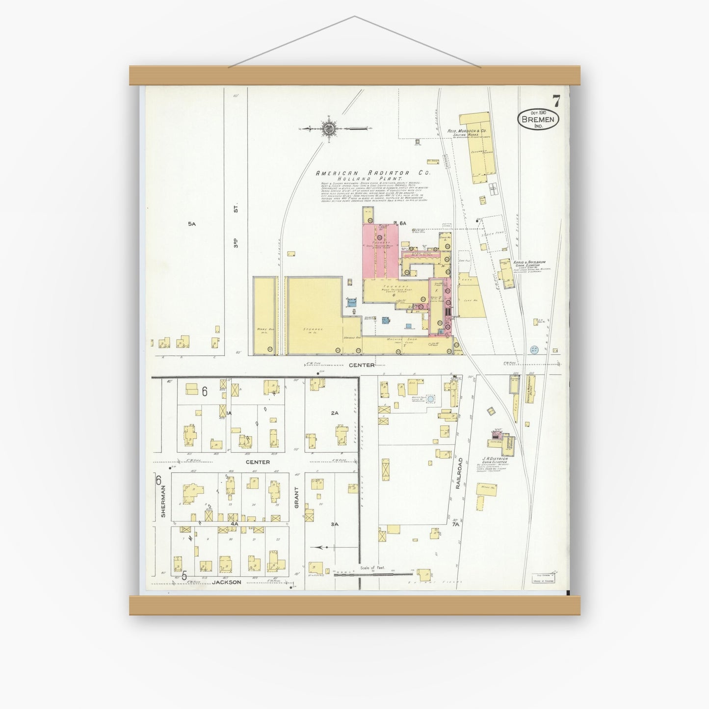 Old map wall art mockup — magnetic wood frame on white wall — Sanborn Fire Insurance Map from Bremen, Marshall County, Indiana (1910), Sheet #0007