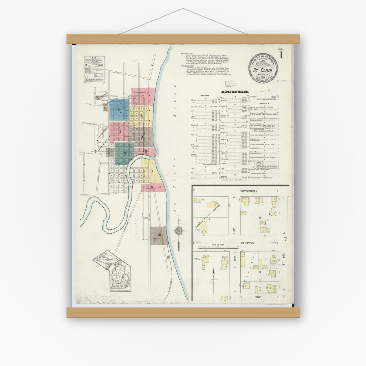 Old map wall art mockup — magnetic wood frame on white wall — Sanborn Fire Insurance Map from Saint Clair, Saint Clair County, Michigan (1913), Sheet #0001