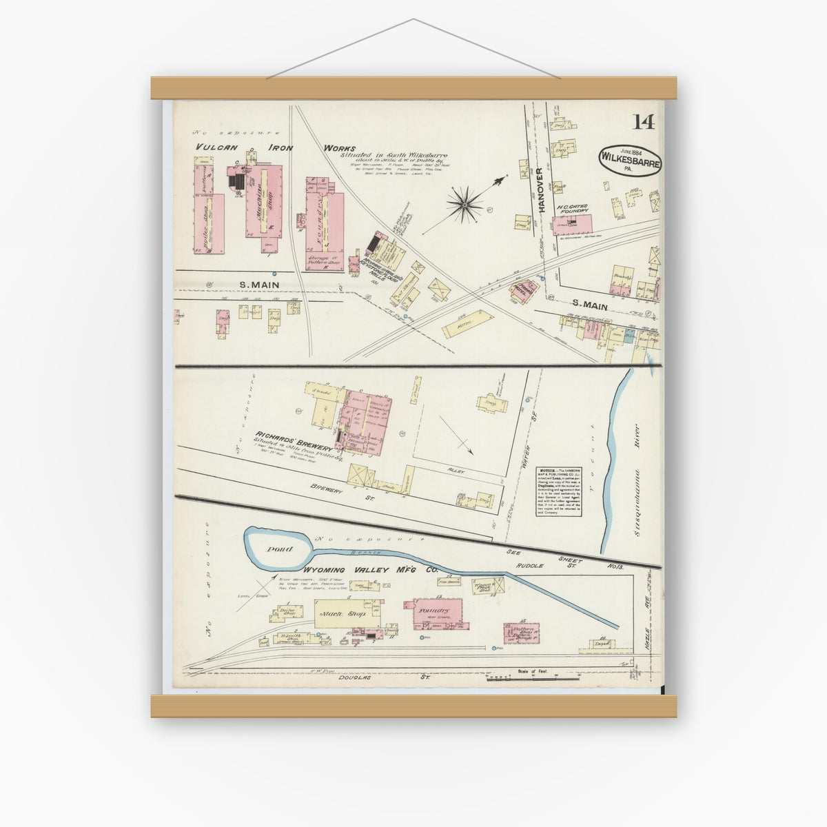 Old map wall art mockup — magnetic wood frame on white wall — Sanborn Fire Insurance Map from Wilkes Barre, Luzerne County, Pennsylvania (1884), Sheet #0014