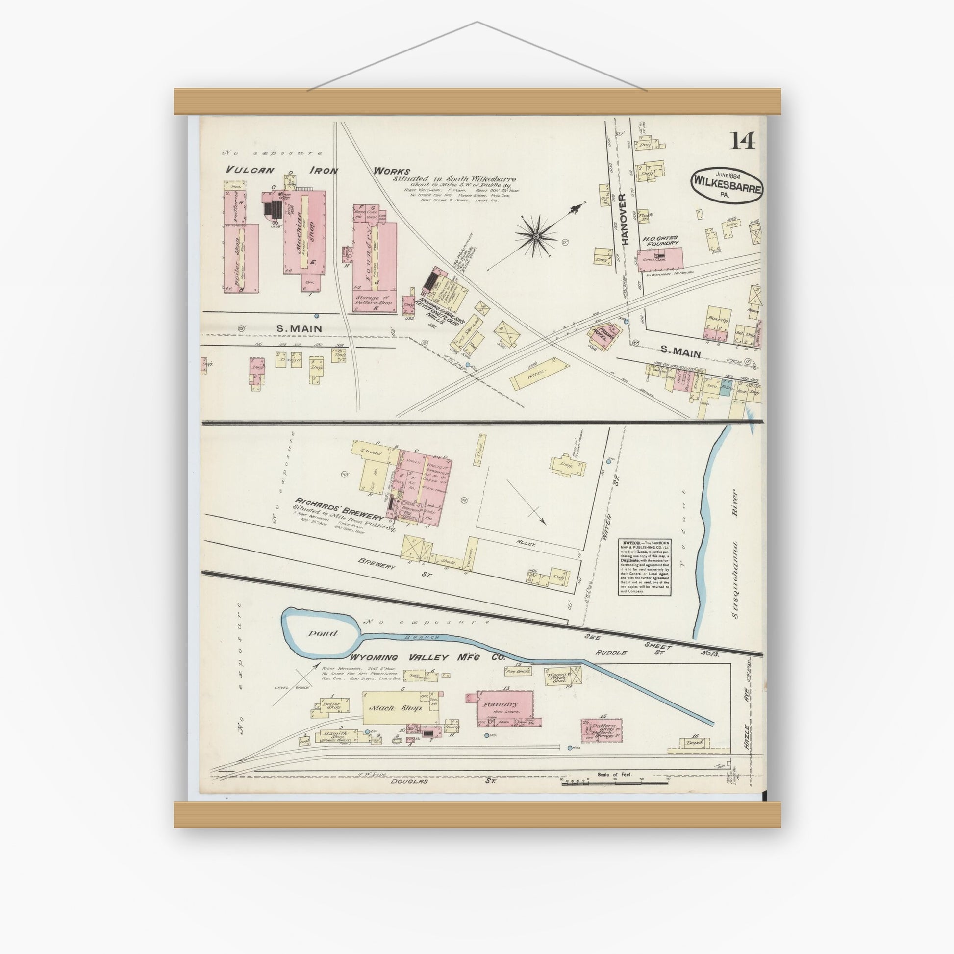Old map wall art mockup — magnetic wood frame on white wall — Sanborn Fire Insurance Map from Wilkes Barre, Luzerne County, Pennsylvania (1884), Sheet #0014