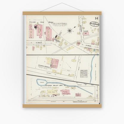 Old map wall art mockup — magnetic wood frame on white wall — Sanborn Fire Insurance Map from Wilkes Barre, Luzerne County, Pennsylvania (1884), Sheet #0014