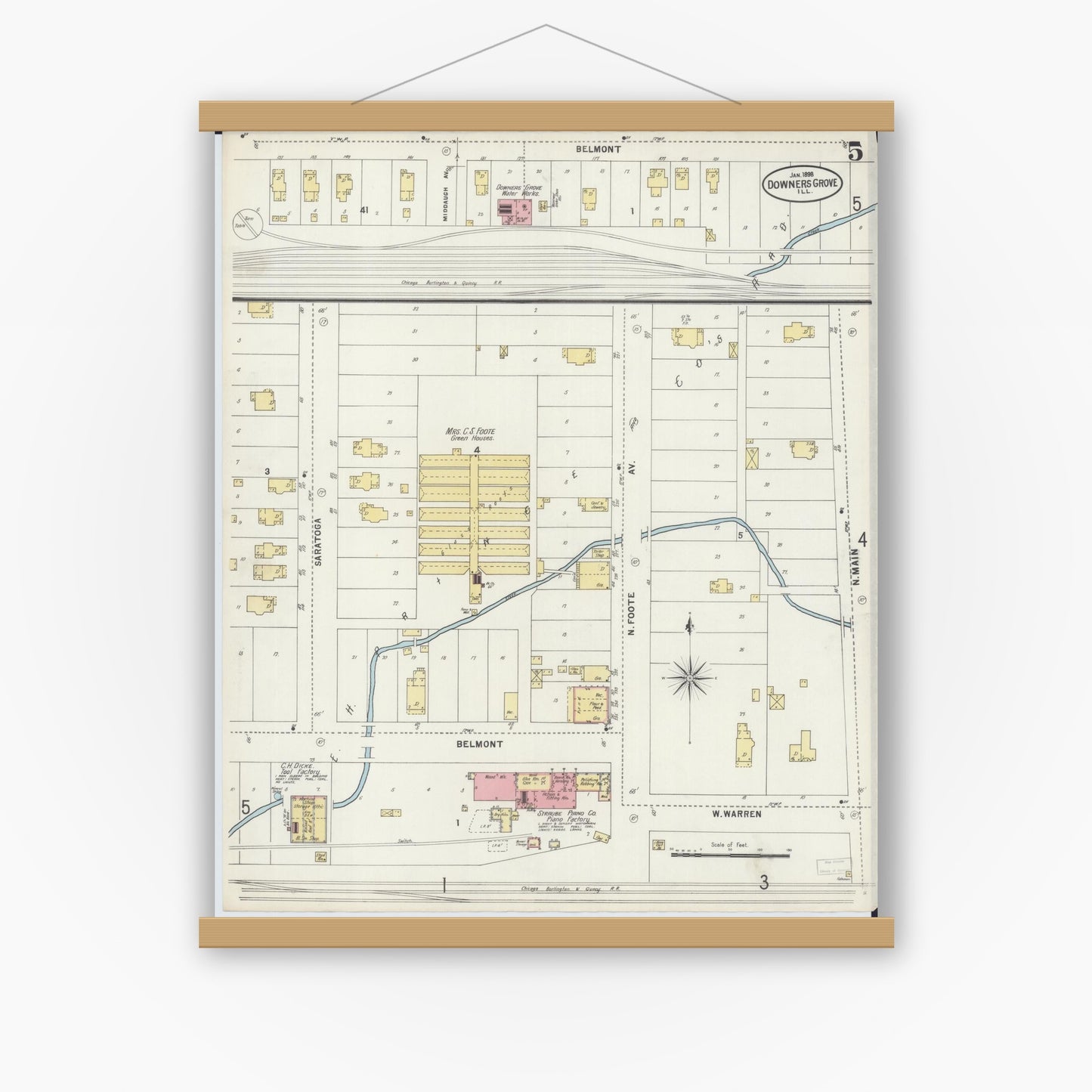 Old map wall art mockup — magnetic wood frame on white wall — Sanborn Fire Insurance Map from Downers Grove, Dupage County, Illinois (1898), Sheet #0005