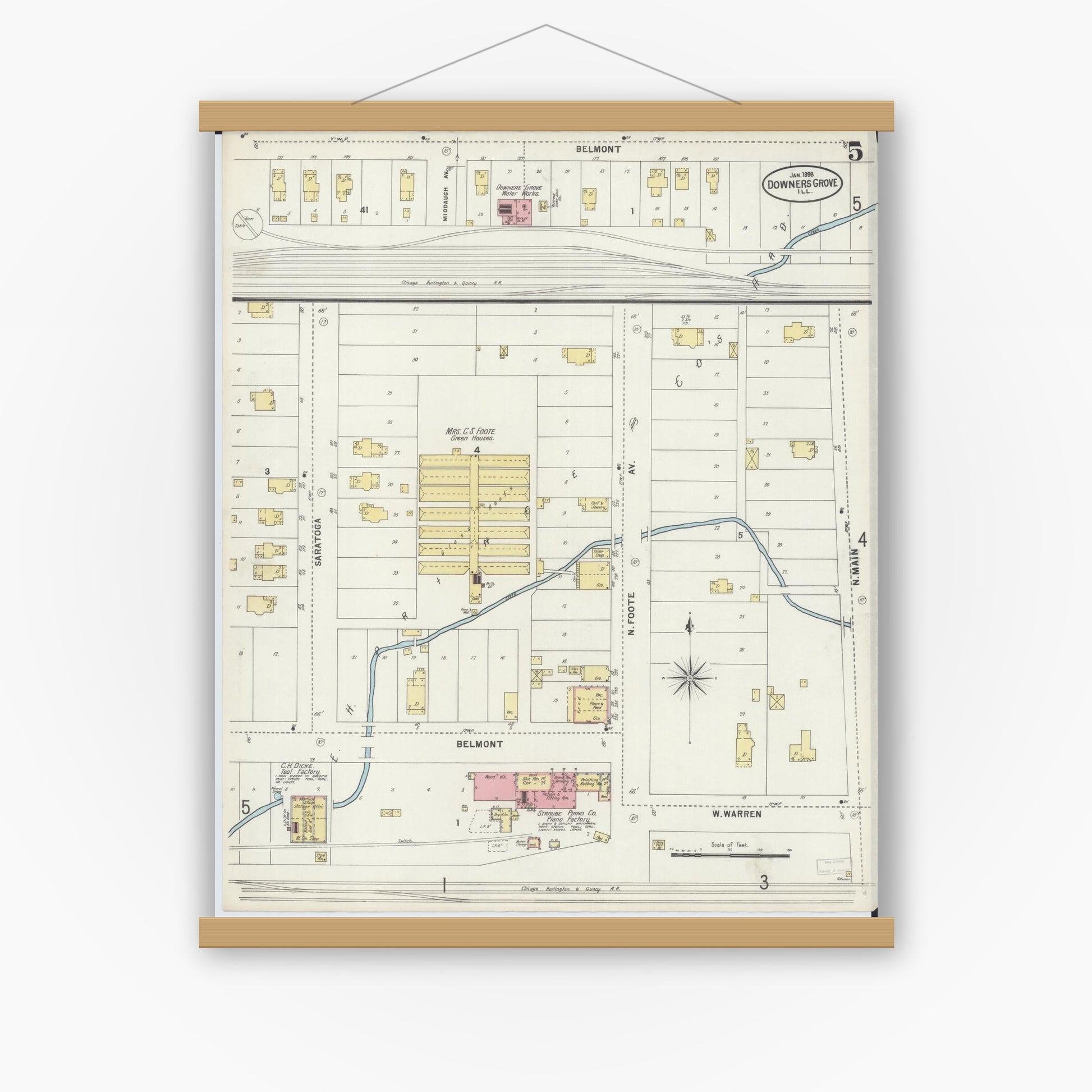 Old map wall art mockup — magnetic wood frame on white wall — Sanborn Fire Insurance Map from Downers Grove, Dupage County, Illinois (1898), Sheet #0005