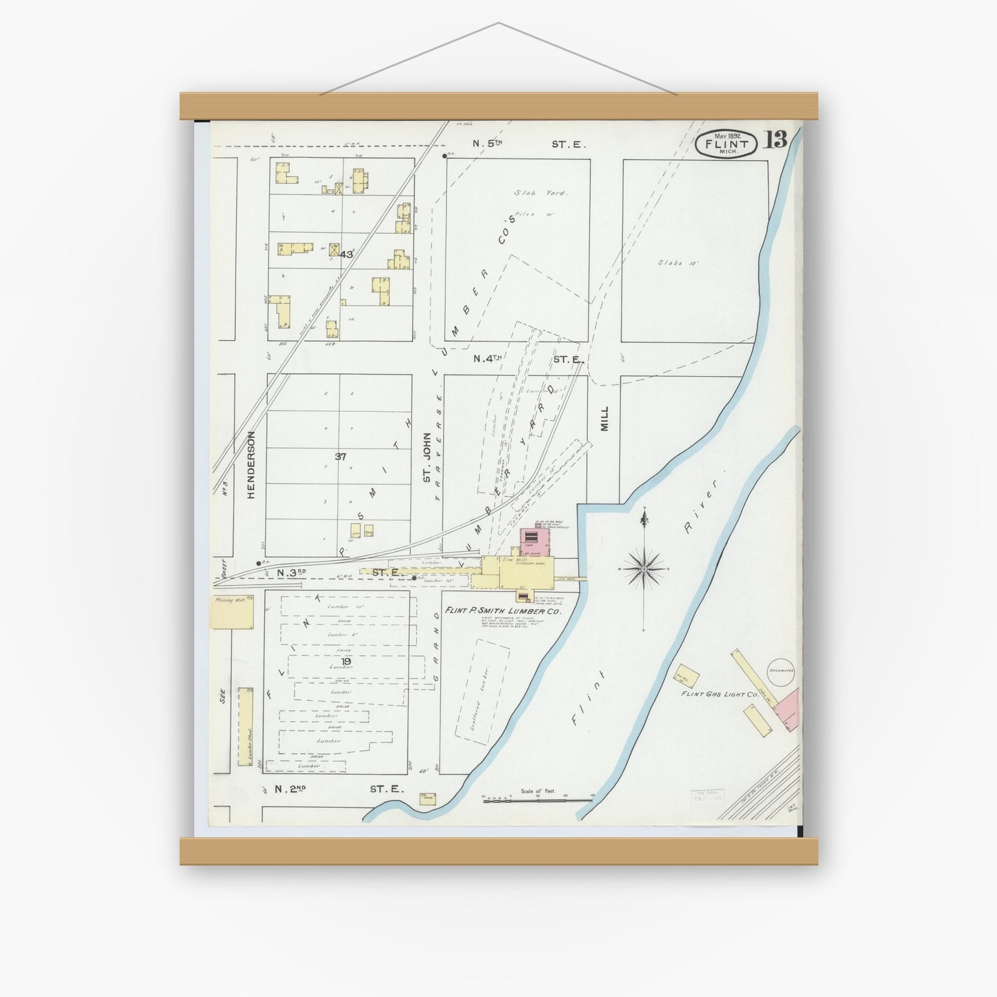 Old map wall art mockup — magnetic wood frame on white wall — Sanborn Fire Insurance Map from Flint, Genesee County, Michigan (1892), Sheet #0013