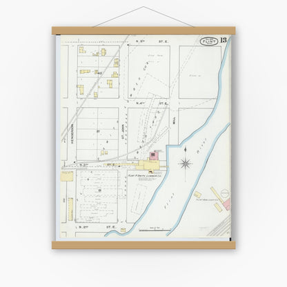 Old map wall art mockup — magnetic wood frame on white wall — Sanborn Fire Insurance Map from Flint, Genesee County, Michigan (1892), Sheet #0013
