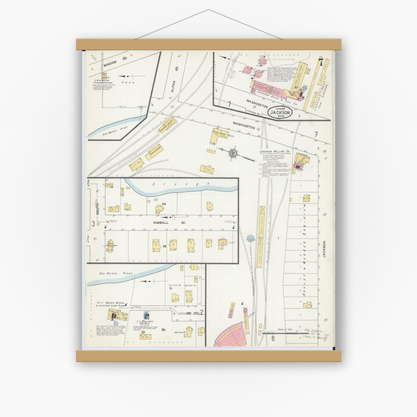 Old map wall art mockup — magnetic wood frame on white wall — Sanborn Fire Insurance Map from Jackson, Jackson County, Minnesota (1913), Sheet #0007