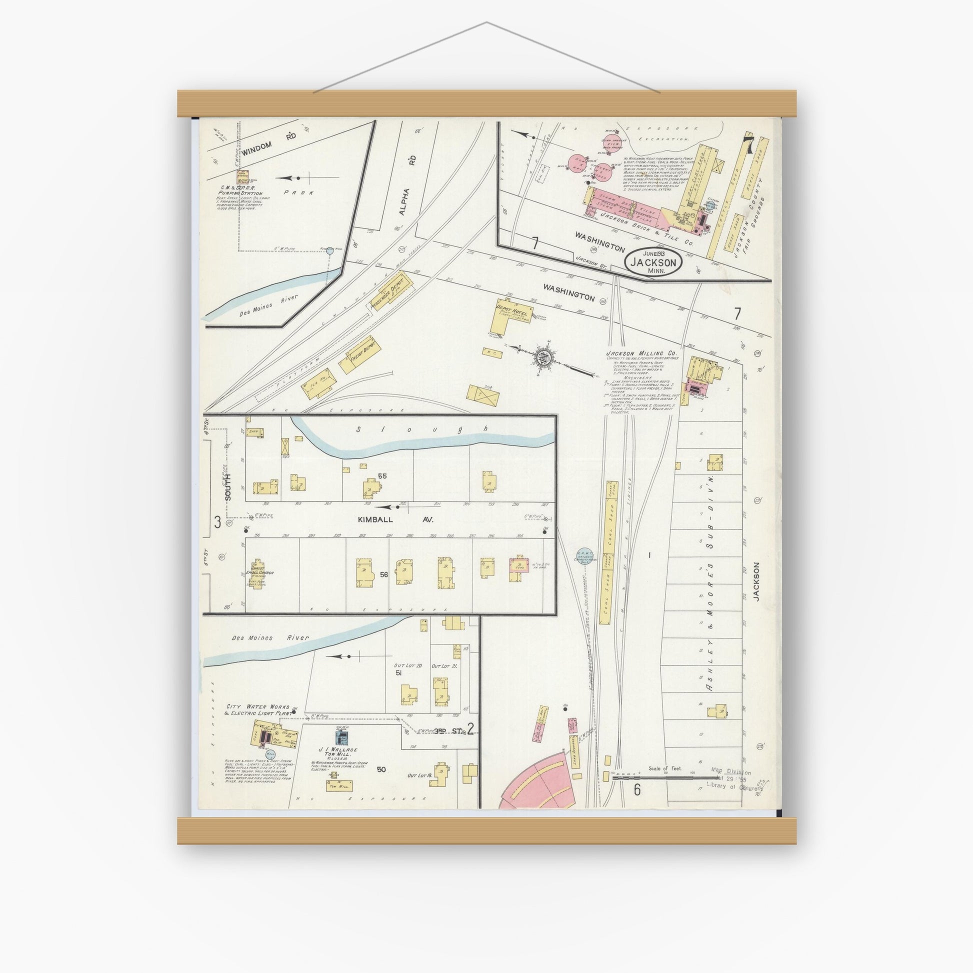 Old map wall art mockup — magnetic wood frame on white wall — Sanborn Fire Insurance Map from Jackson, Jackson County, Minnesota (1913), Sheet #0007