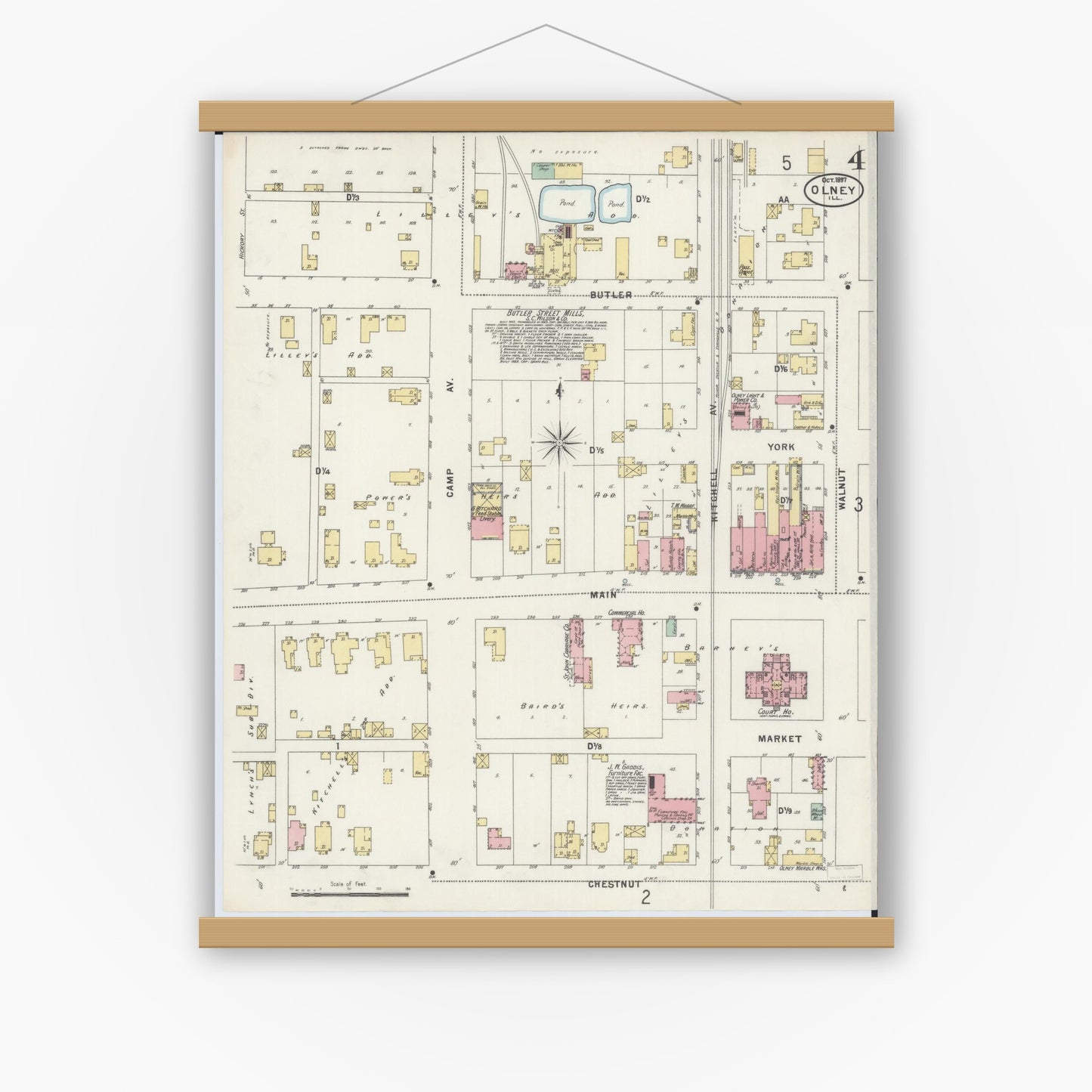 Old map wall art mockup — magnetic wood frame on white wall — Sanborn Fire Insurance Map from Olney, Richland County, Illinois (1897), Sheet #0004