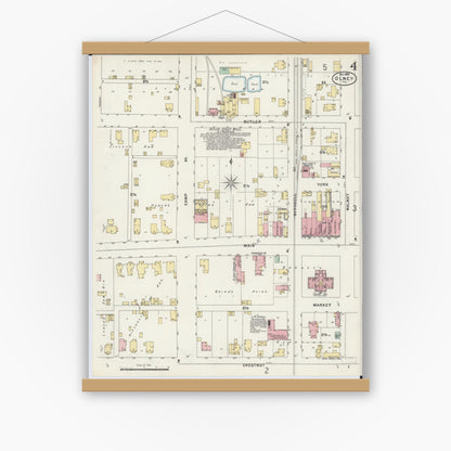 Old map wall art mockup — magnetic wood frame on white wall — Sanborn Fire Insurance Map from Olney, Richland County, Illinois (1897), Sheet #0004