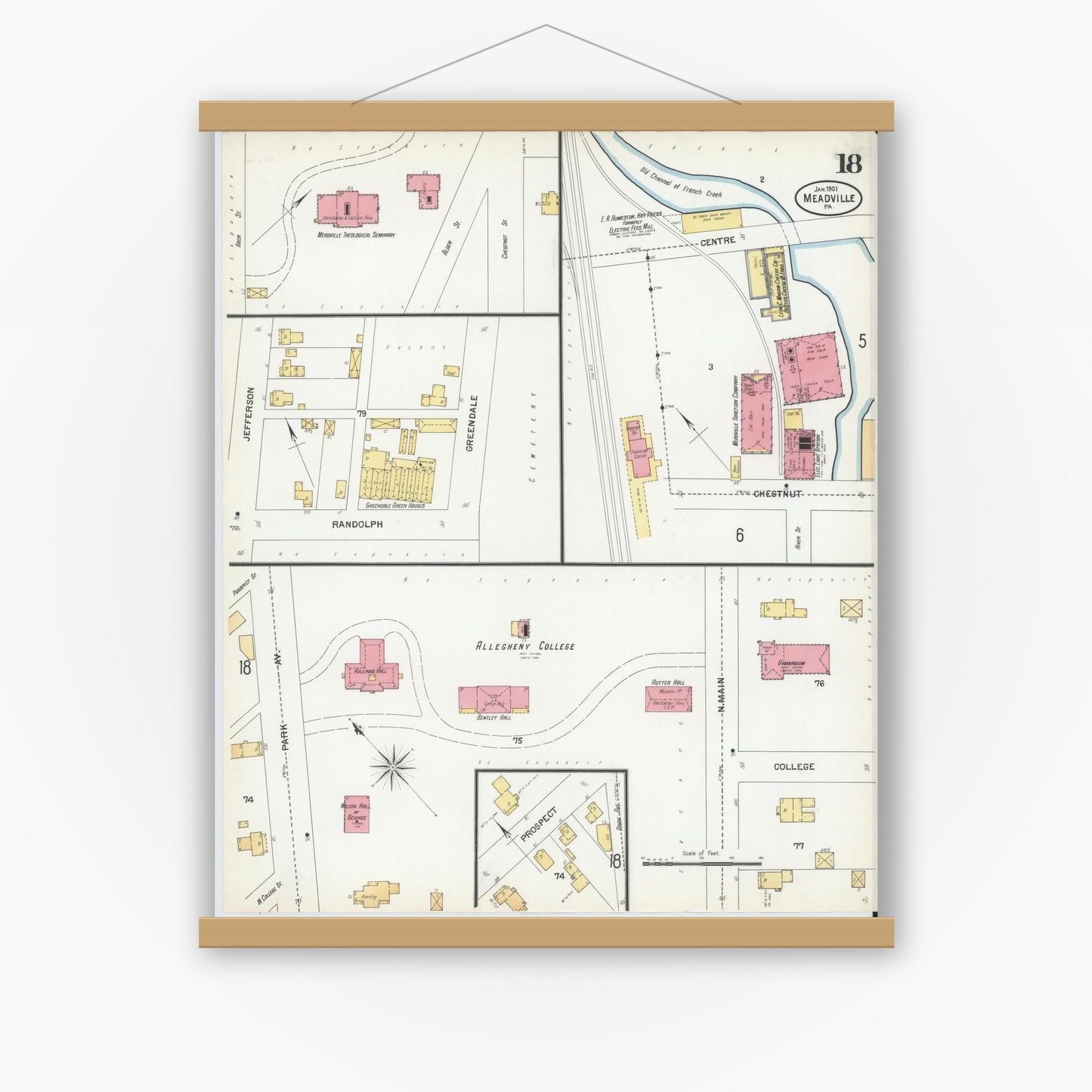 Old map wall art mockup — magnetic wood frame on white wall — Sanborn Fire Insurance Map from Meadville, Crawford County, Pennsylvania (1901), Sheet #0018