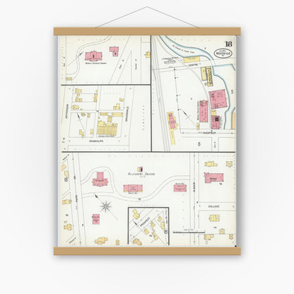 Old map wall art mockup — magnetic wood frame on white wall — Sanborn Fire Insurance Map from Meadville, Crawford County, Pennsylvania (1901), Sheet #0018