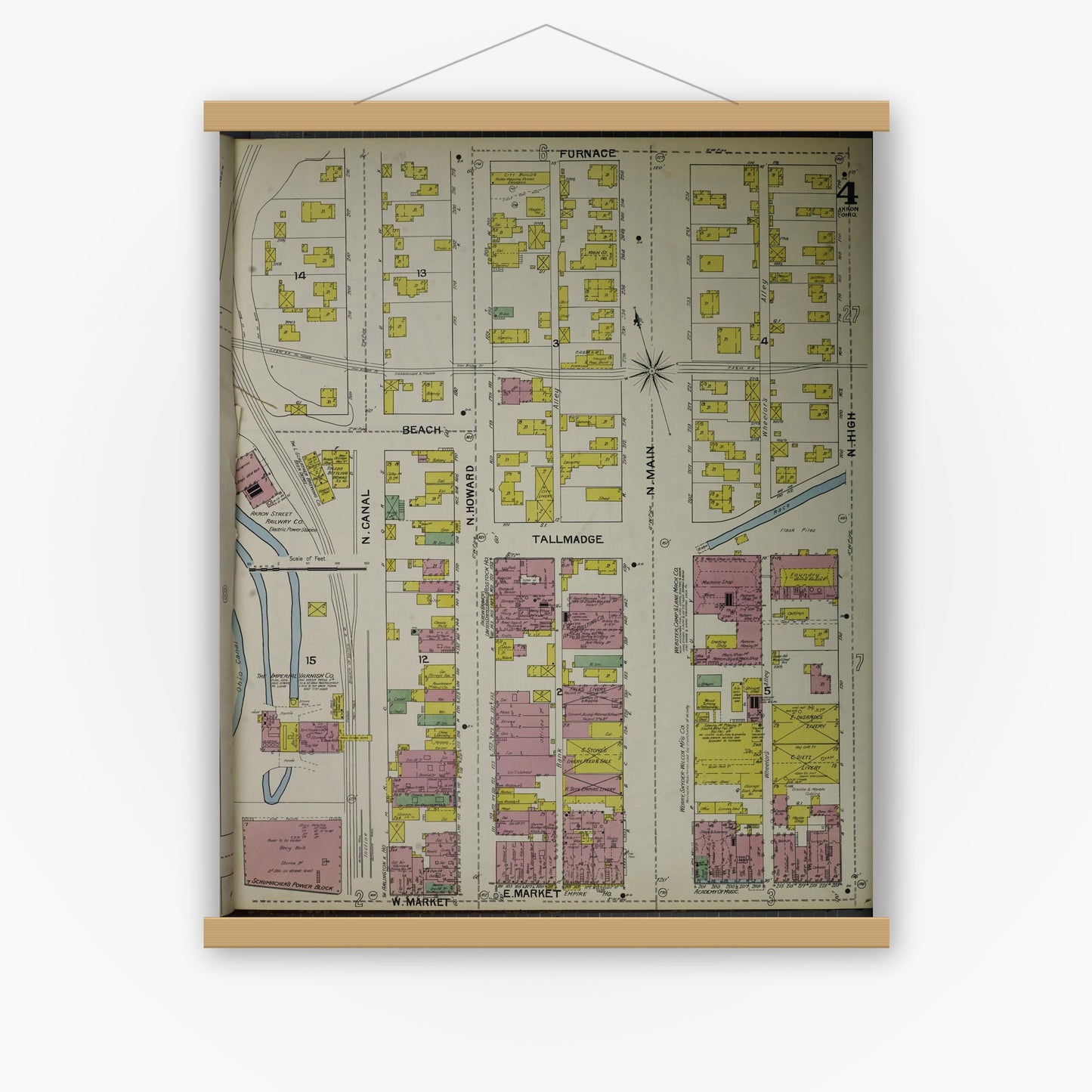 Old map wall art mockup — magnetic wood frame on white wall — Sanborn Fire Insurance Map from Akron, Summit County, Ohio (1892), Sheet #0004