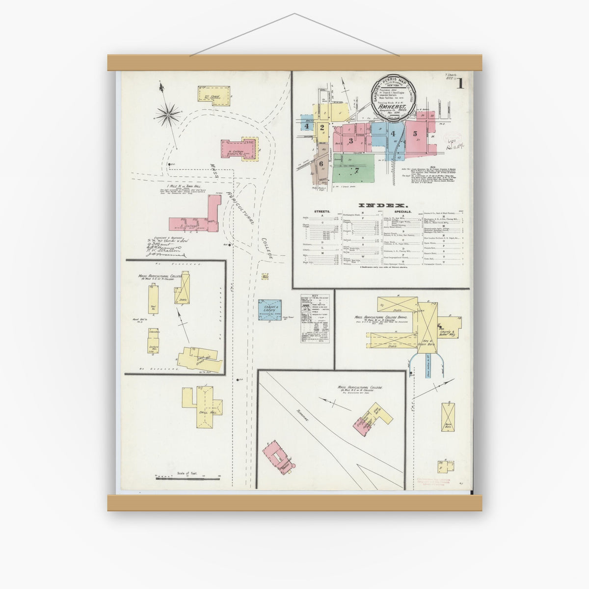 Old map wall art mockup — magnetic wood frame on white wall — Sanborn Fire Insurance Map from Amherst, Hampshire County, Massachusetts (1896), Sheet #0001